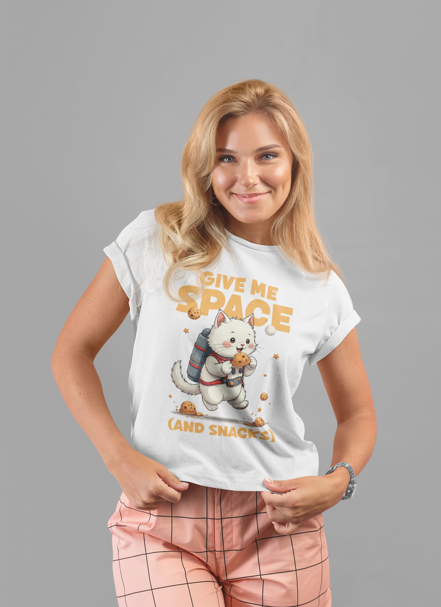 Give Me Space (and Snacks) – Jetpack Cat Walking with Snacks Funny Graphic T-Shirt