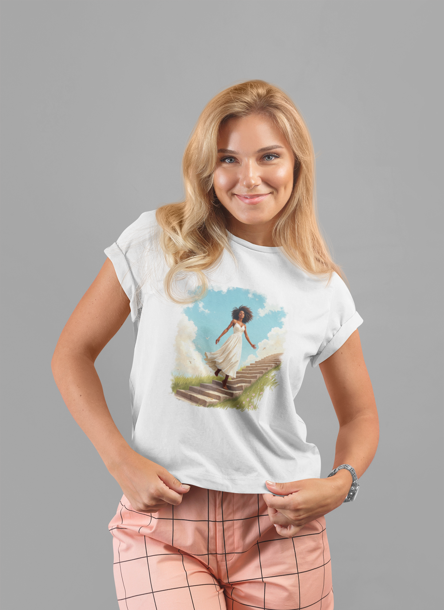Graceful Woman in White Dress Walking on Stairs – Blue Sky & Green Ground Graphic T-Shirt