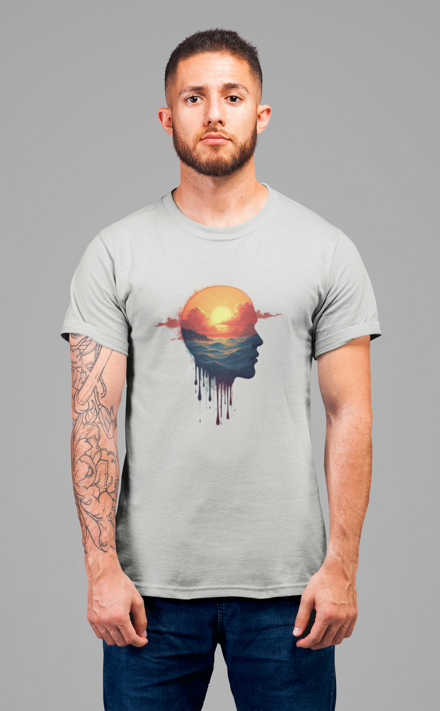 Melting Human Face with Colorful Sunrise and Clouds Beach View Graphic T-Shirt