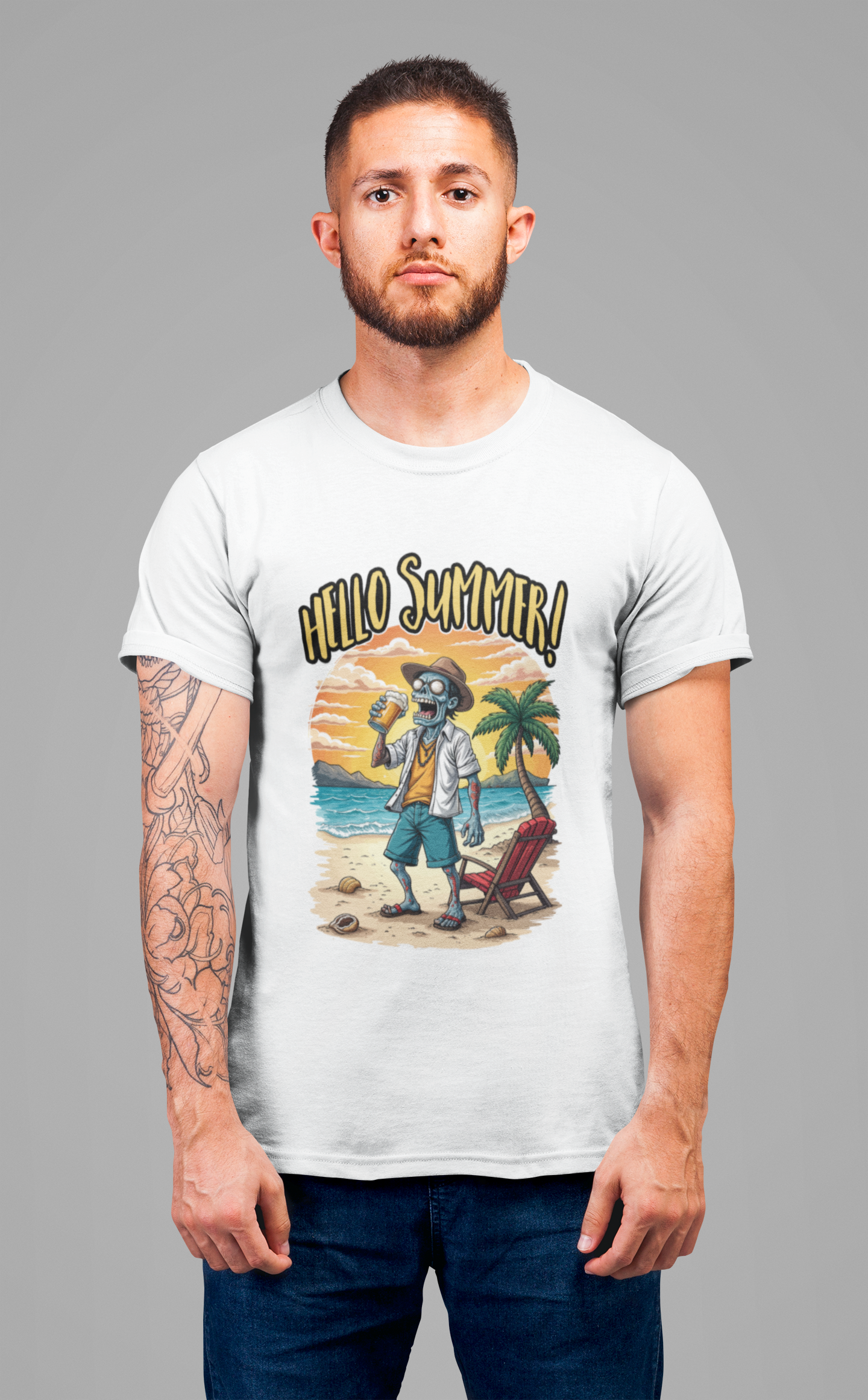Hello Summer Tshirt Old Zombie with Cap, Beer Glass, Beach, Palm Trees & Reclining Chair