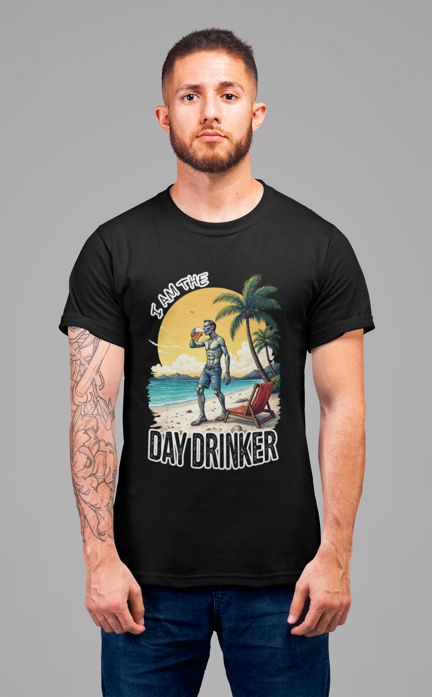 I am the Day Drinker Tshirt Zombie Beach Man with Beer, Shorts, Flip Flop & Reclining Chair