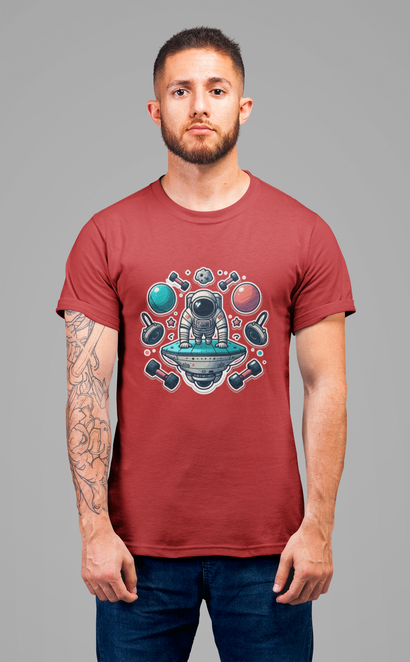 Rocket Science is My Cardio - Astronaut Doing Pushups Tshirt – Space Workout with Gadgets, Planets, and Dumbbells