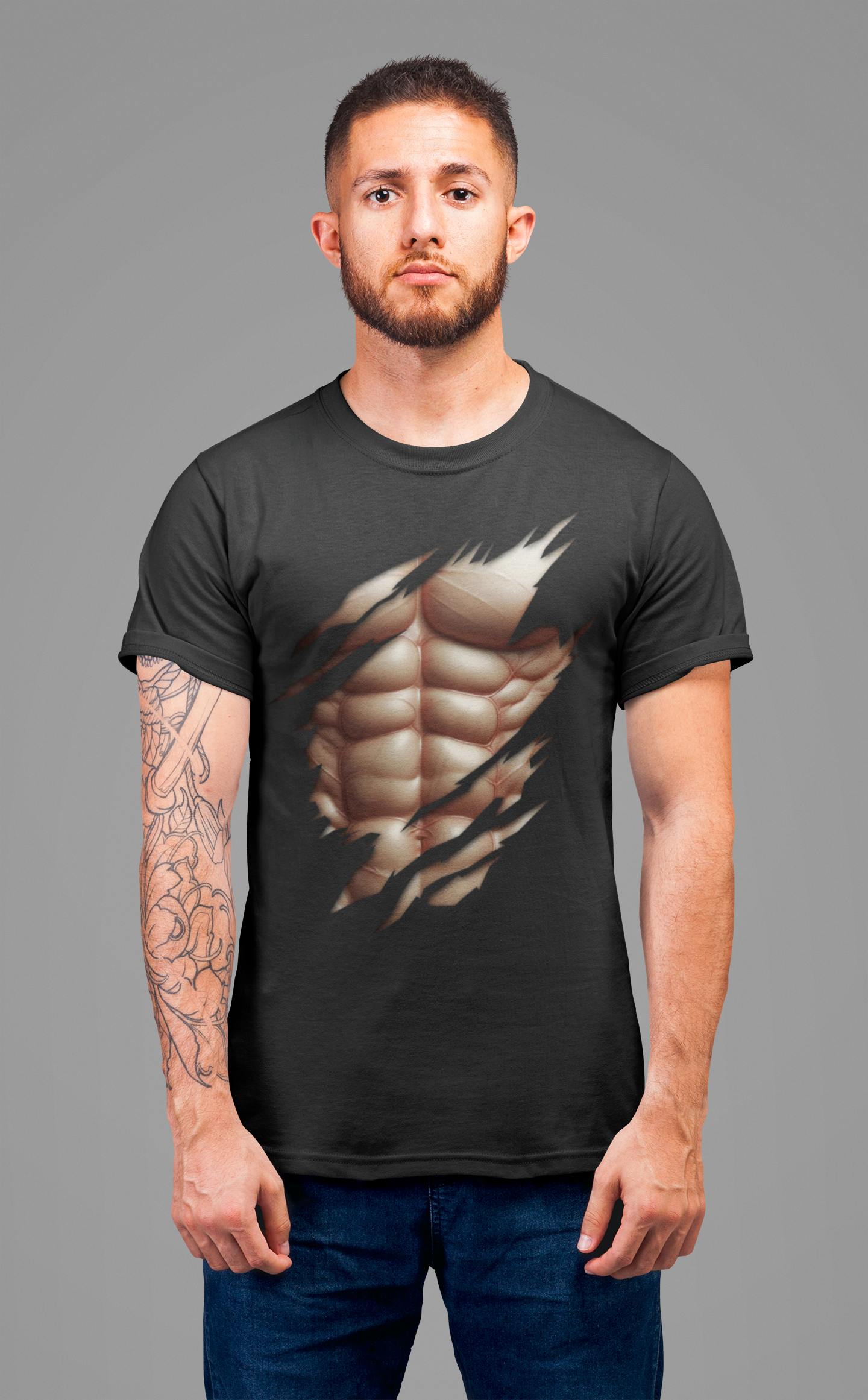 Fake Muscles Ripped Chest Six Pack Abs Funny Costume T-Shirt
