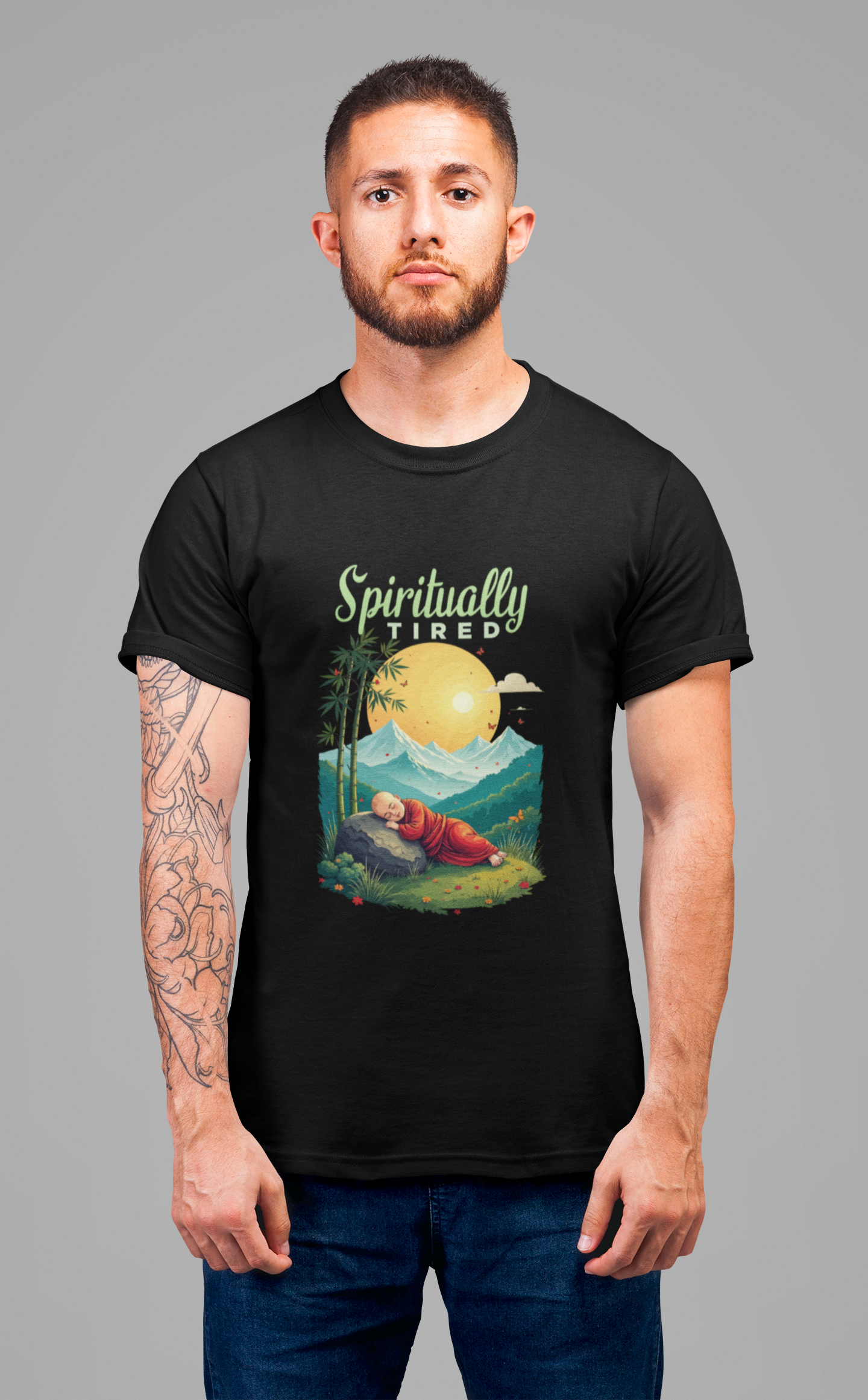 Spiritually Tired – Sleeping Monk Boy in Sunrise Nature Graphic T-Shirt