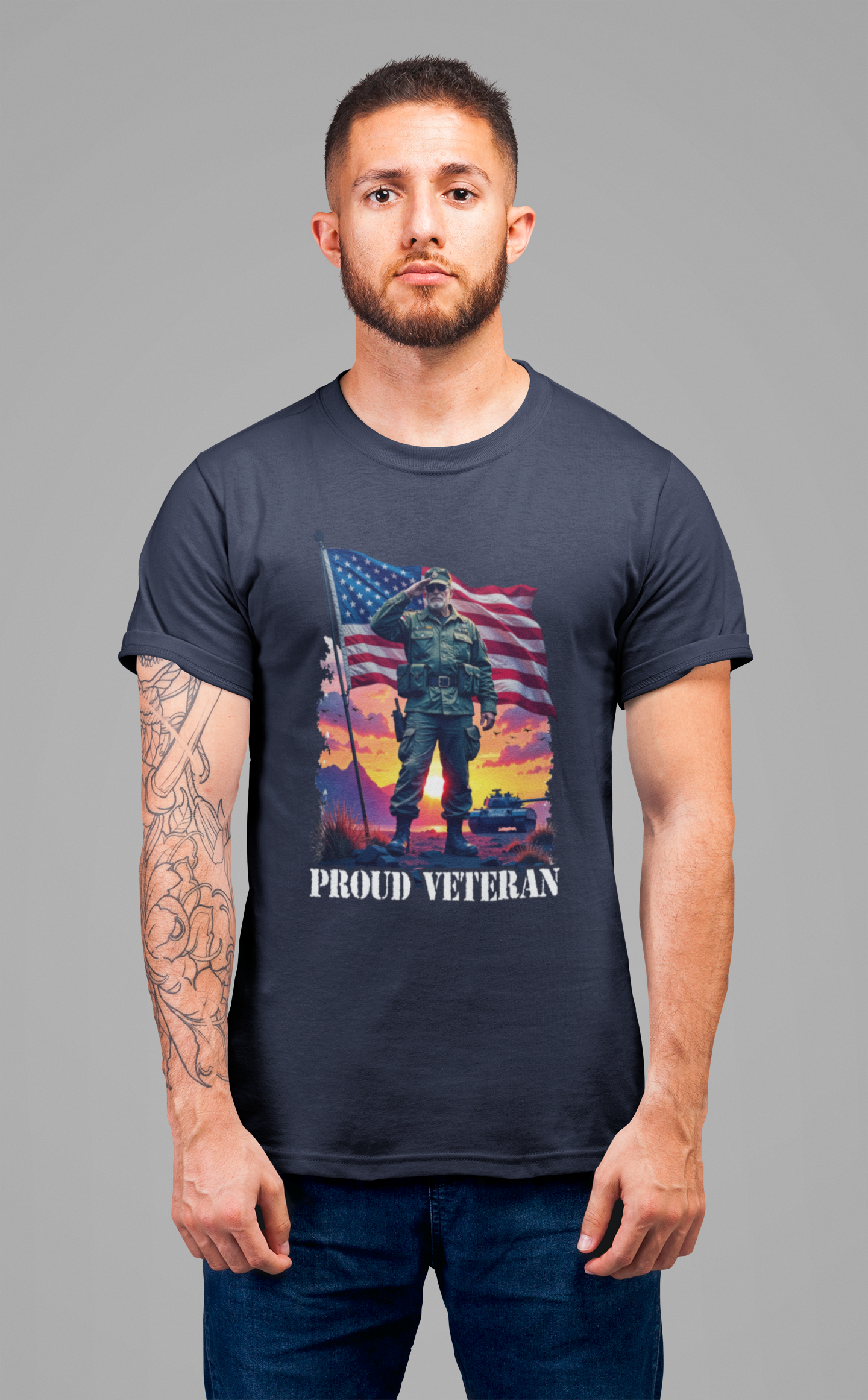 Proud Veteran | US Flag, Saluting Soldier & Tank T-Shirt