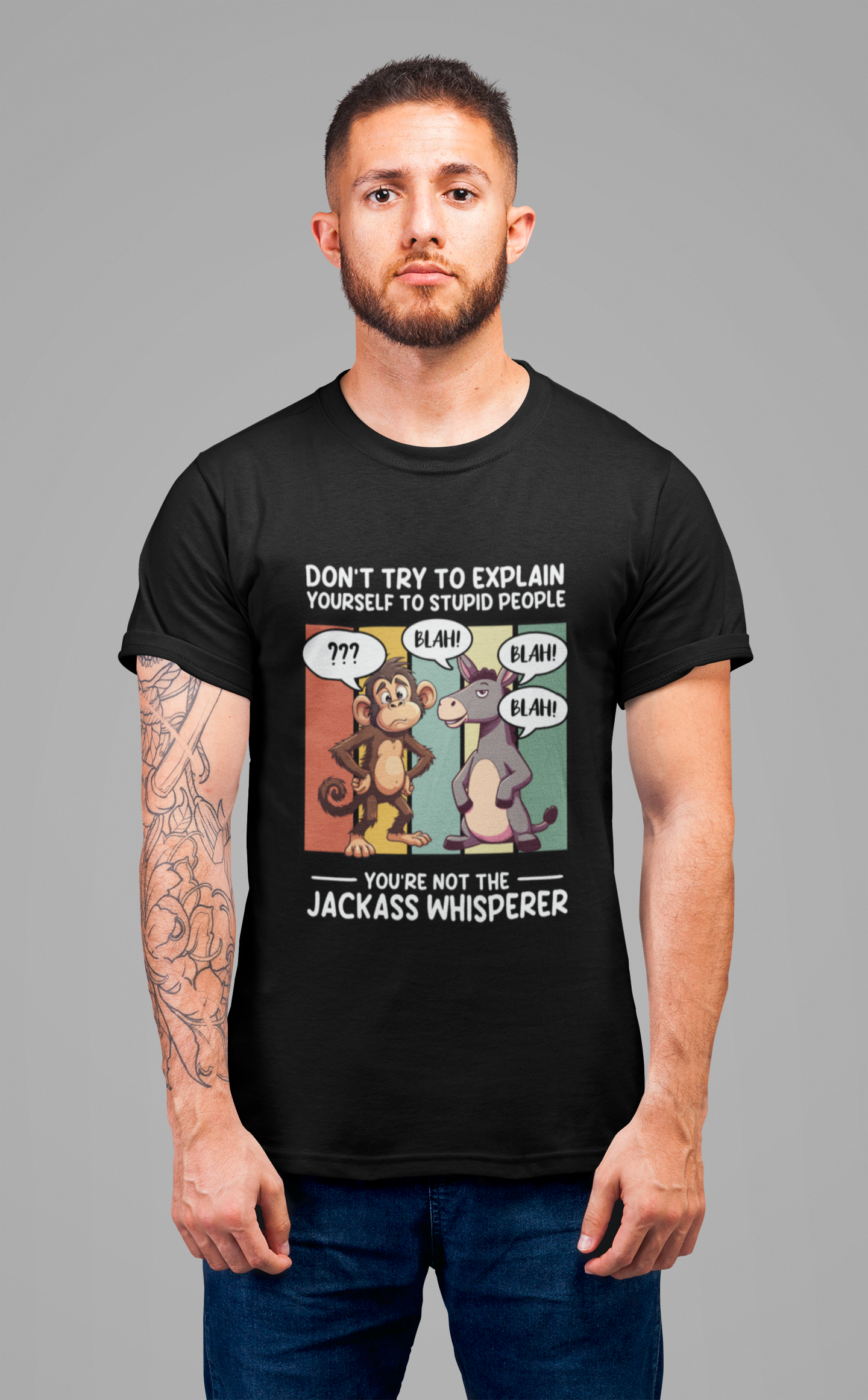 Don’t Try to Explain Yourself to Stupid People Tshirt – Confused Monkey & Blabbering Donkey Humor