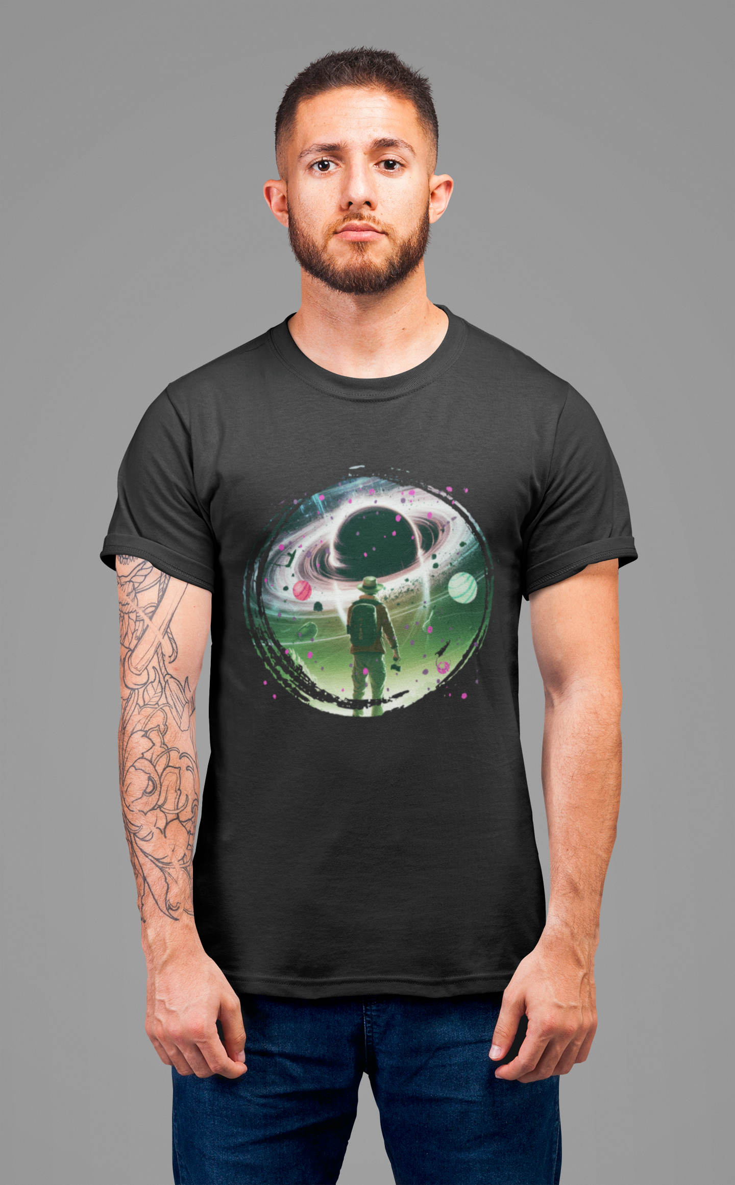 Shocked Traveler & Dramatic Planets | Backpacker Gazing at Planets Graphic T-Shirt