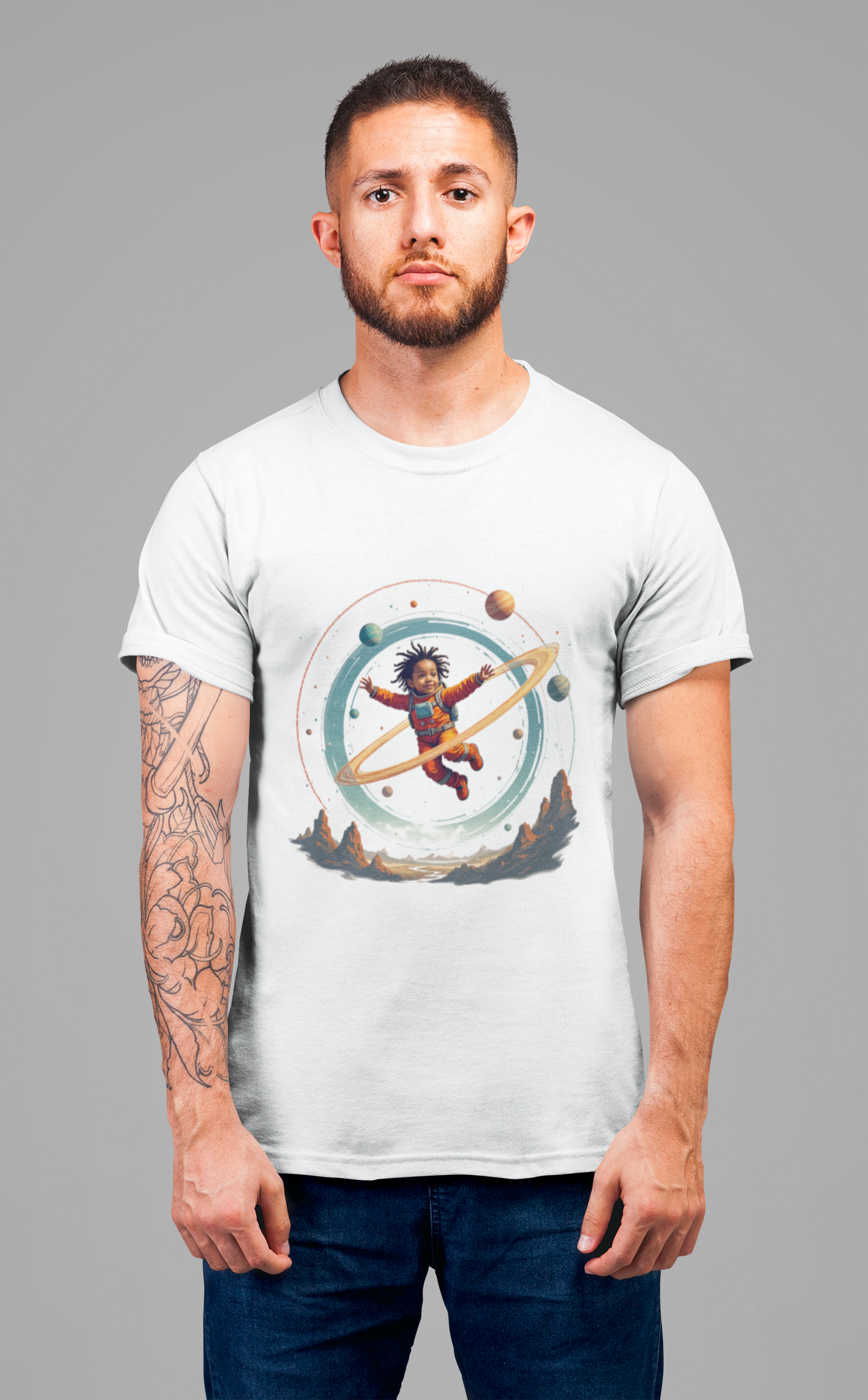 Toddler Flying in Spacesuit with Revolving Planets Space Adventure Graphic T-Shirt