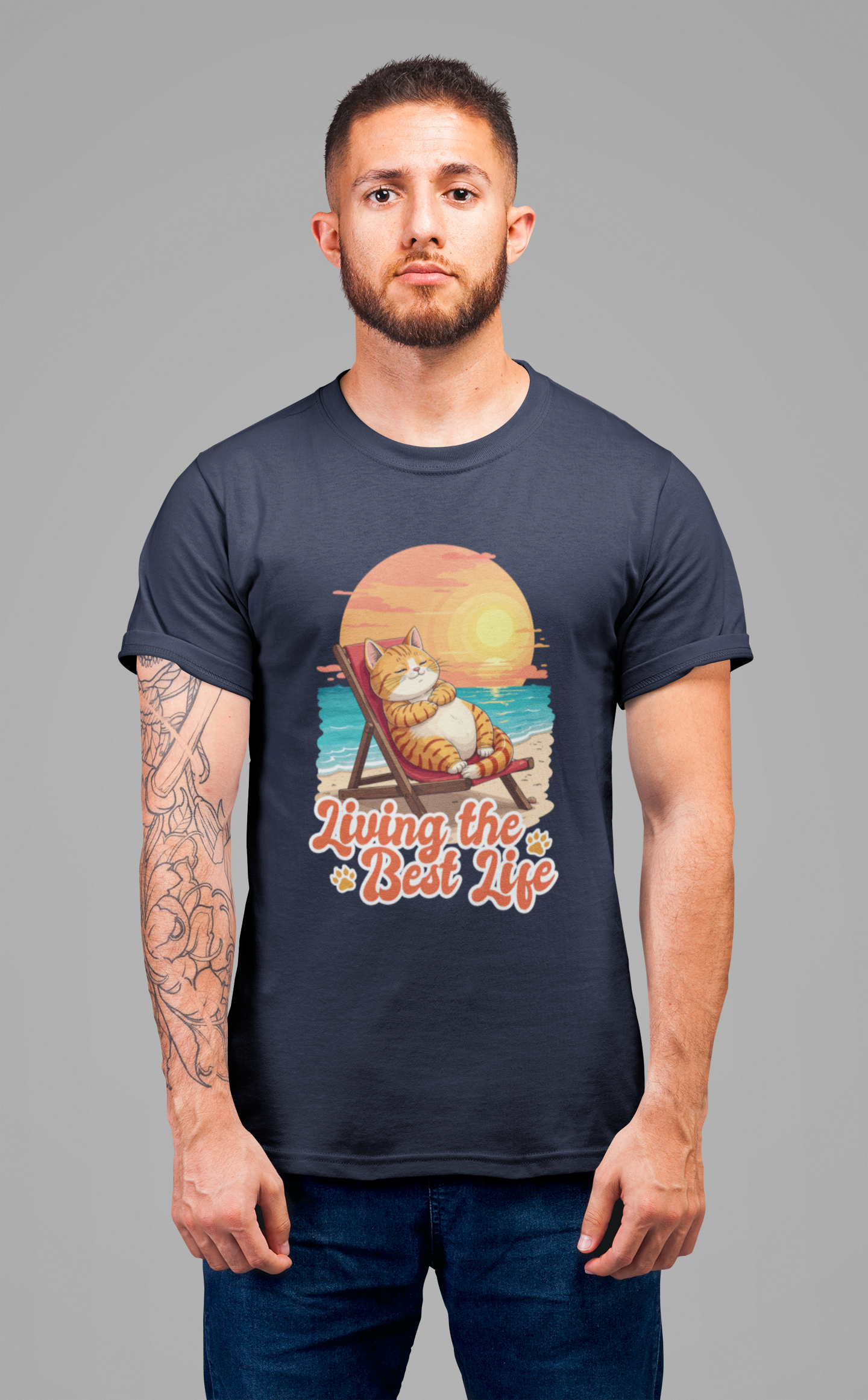 Lazy Life- Living the Best Life – Fat Cat Reclining Chair Beach Sunset Graphic T-Shirt