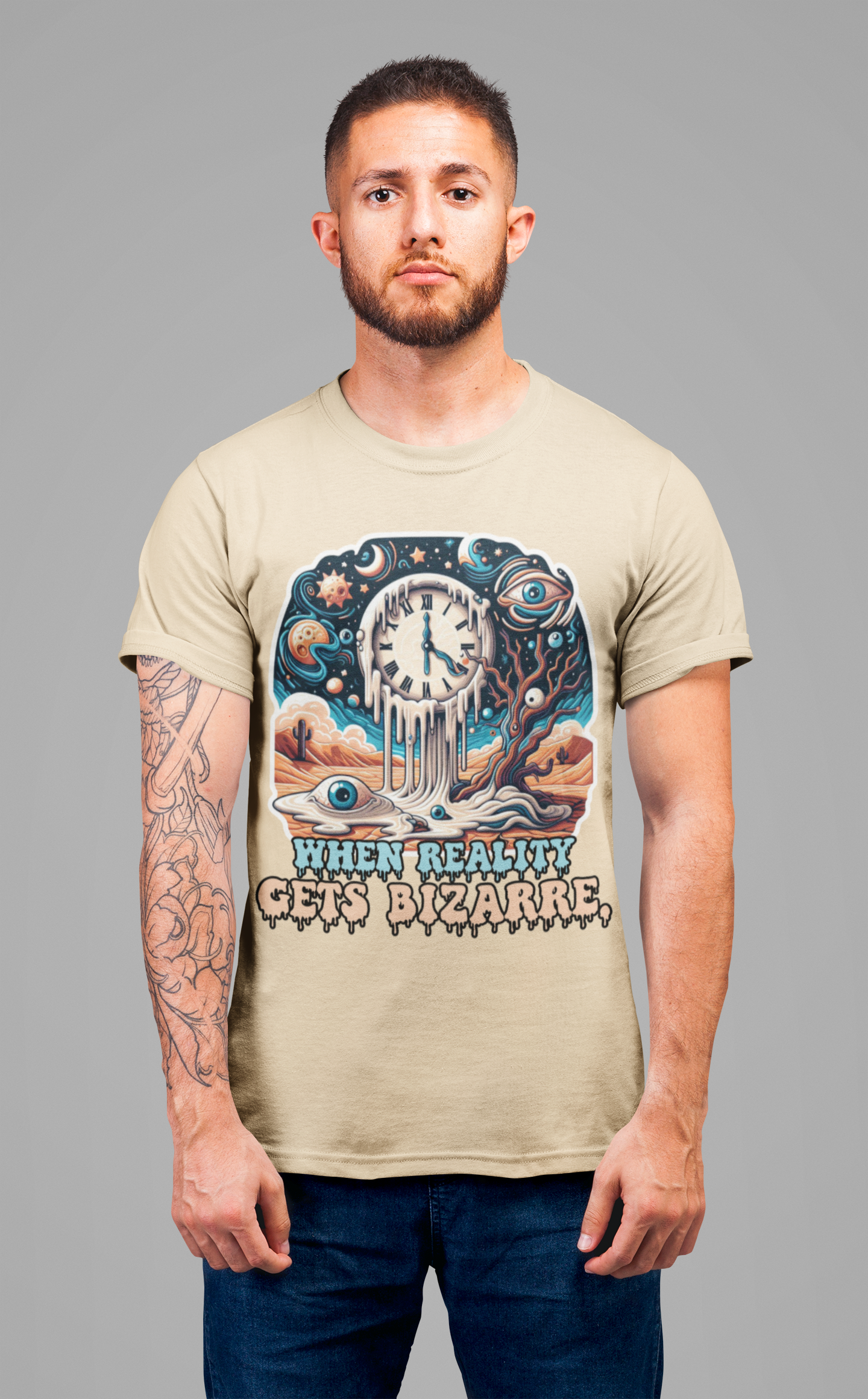 When Reality Becomes Bizarre Tshirt – Surreal Melting Sky, Clocks, and Desert Landscape