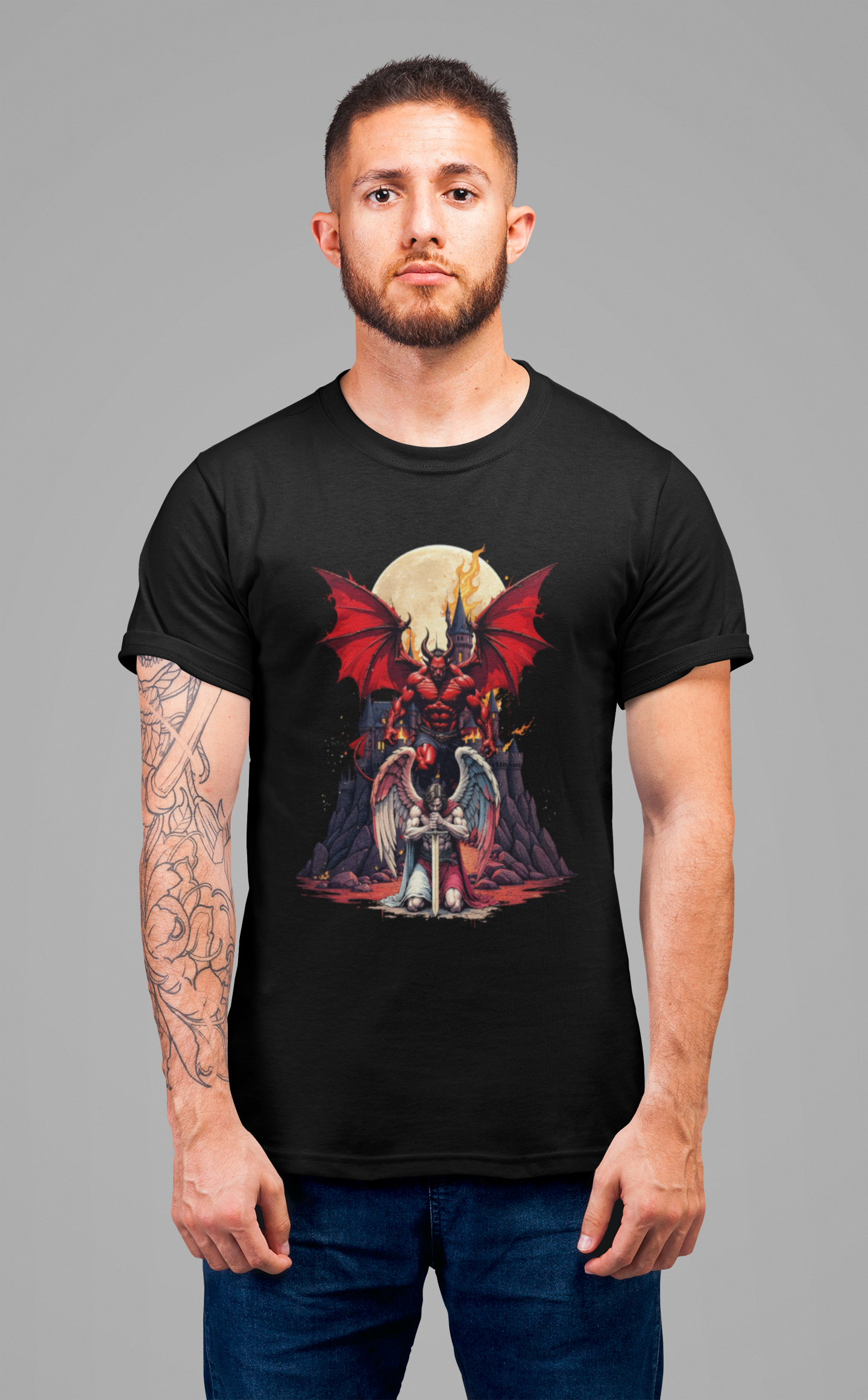 Beast Dominion – Floating Vampire Over Fallen Winged Fighter Graphic T-Shirt