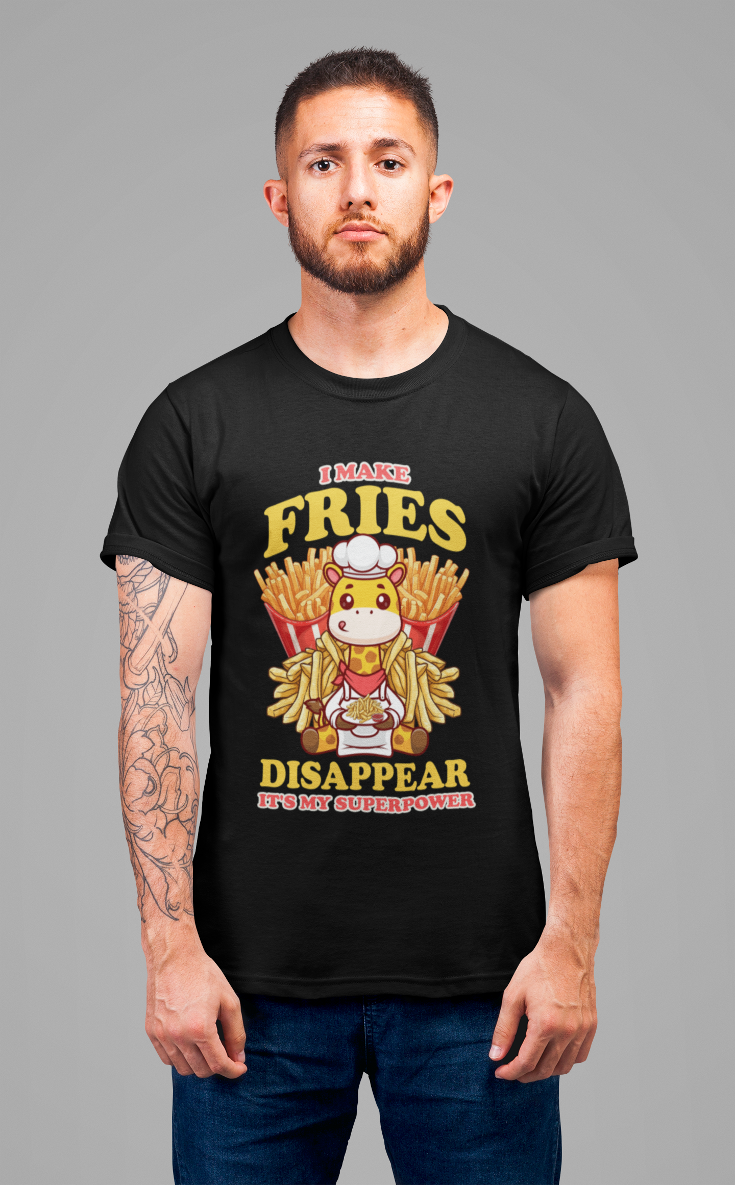 I Make Fries Disappear T-Shirt – Adorable Baby Giraffe Chef With Fries Funny Super Power Graphic Tee