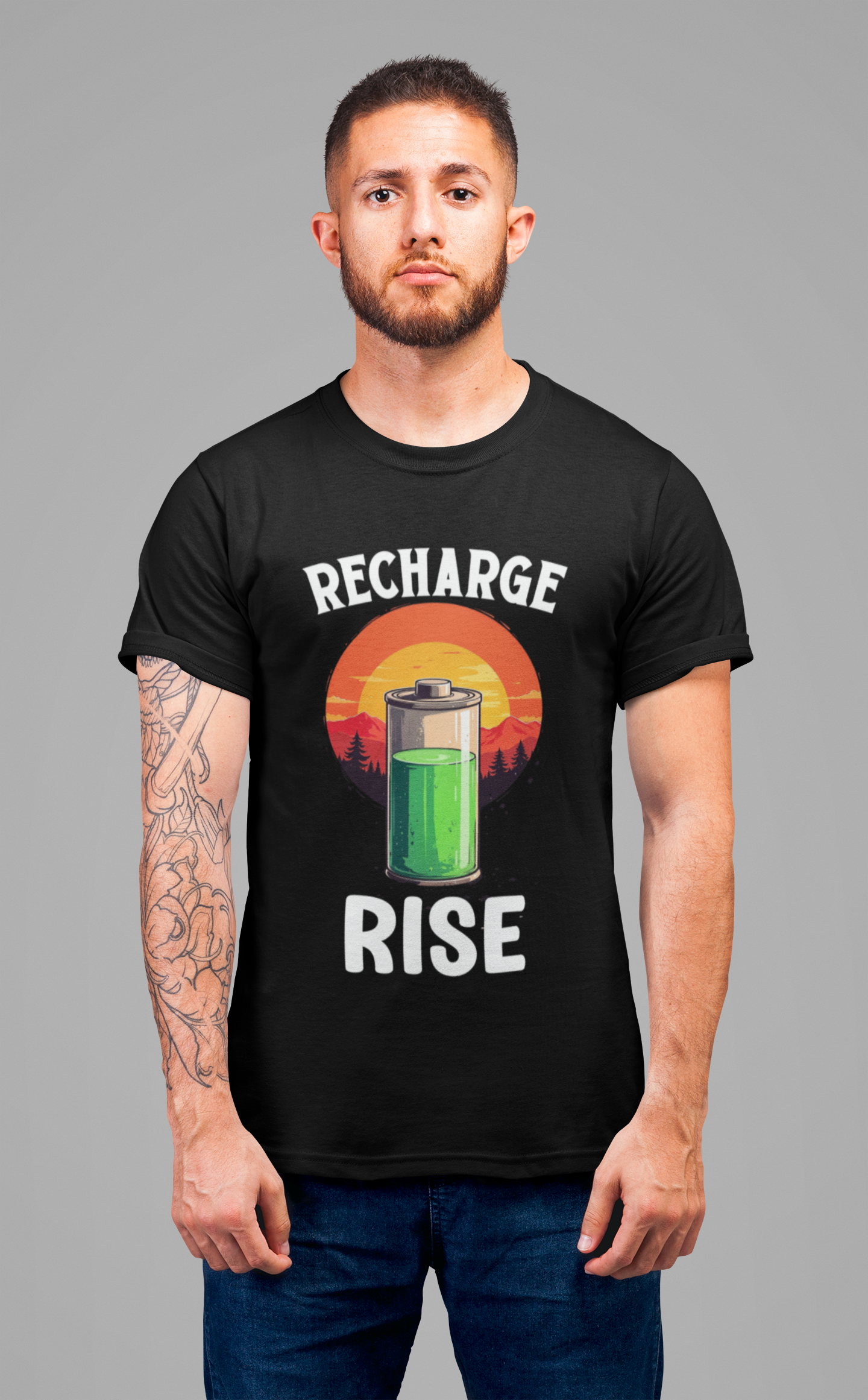 Recharge and Rise T-Shirt – Motivational Battery and Sunrise Graphic Tee