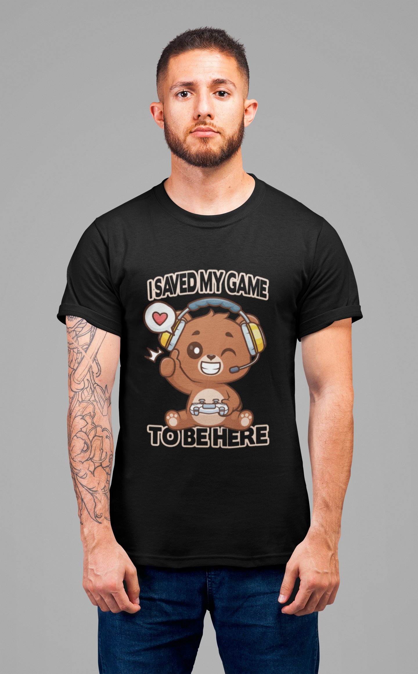 I Saved My Game To Be Here Tshirt Winking Teddy Bear with Headphones and Game Controller