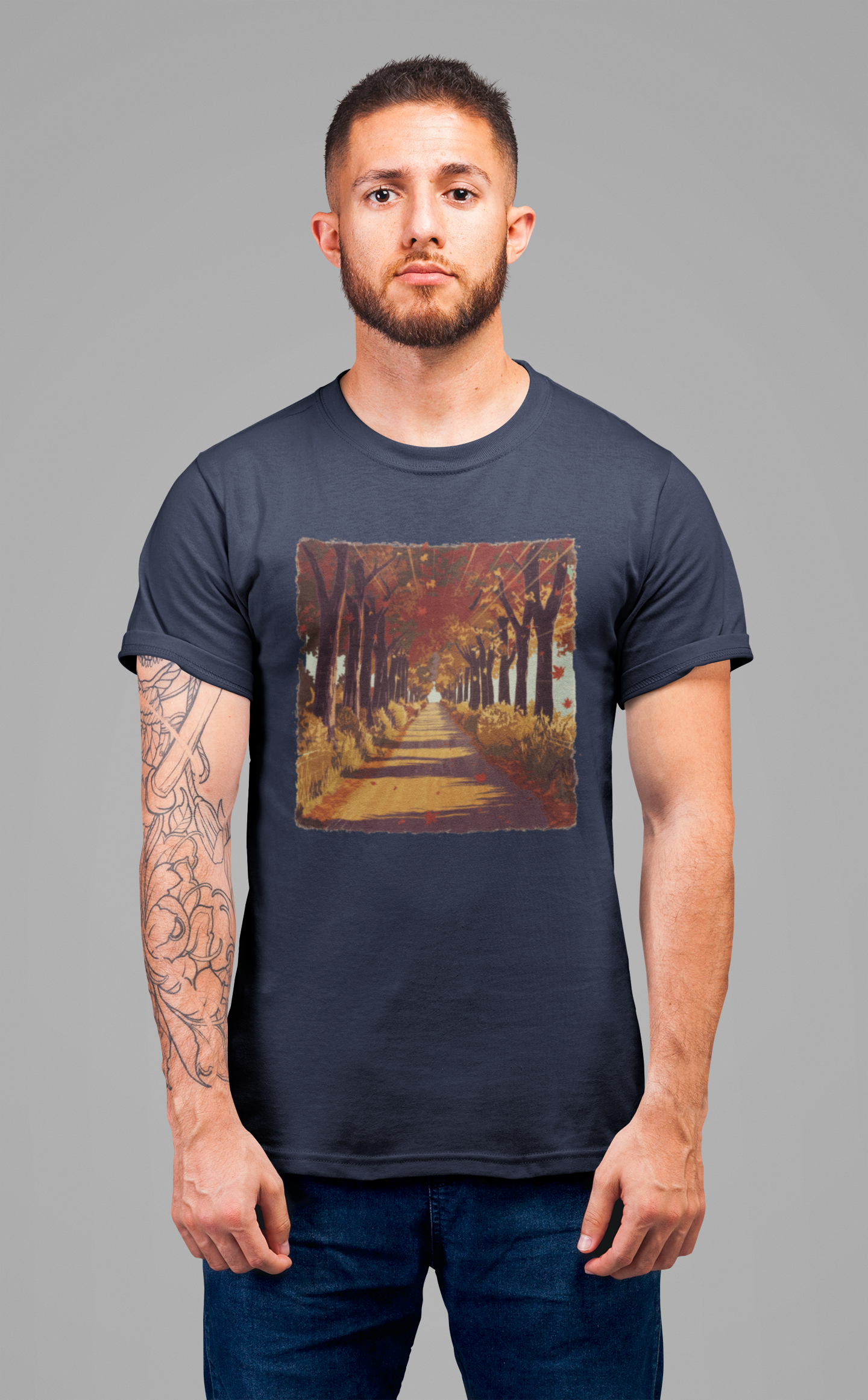 Golden Autumn Glow– Glowing Trees Lining the Road Graphic T-Shirt