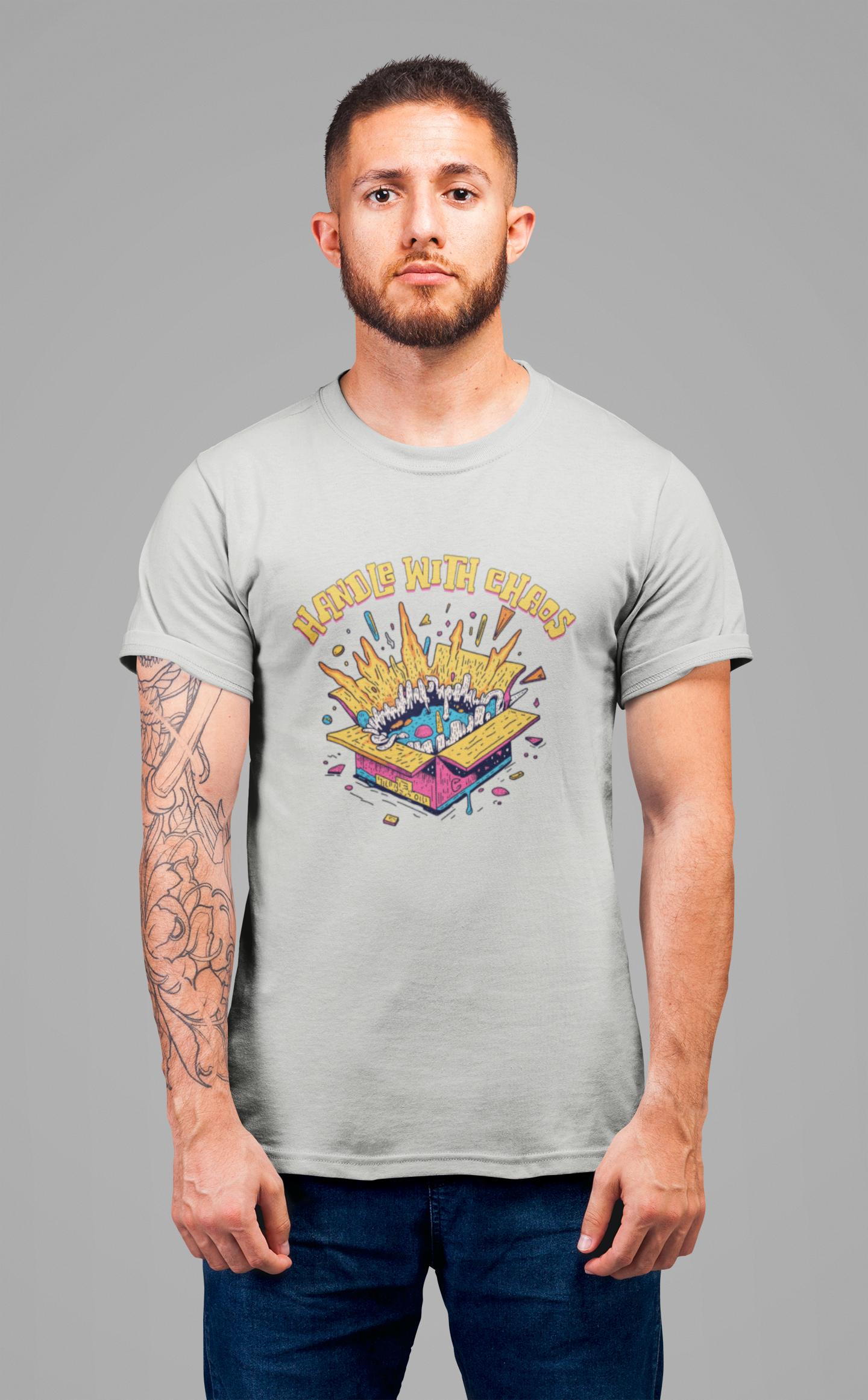 Handle With Chaos – Vibrant Colorful Box Embracing life’s Wild Moments Graphic T-Shirt