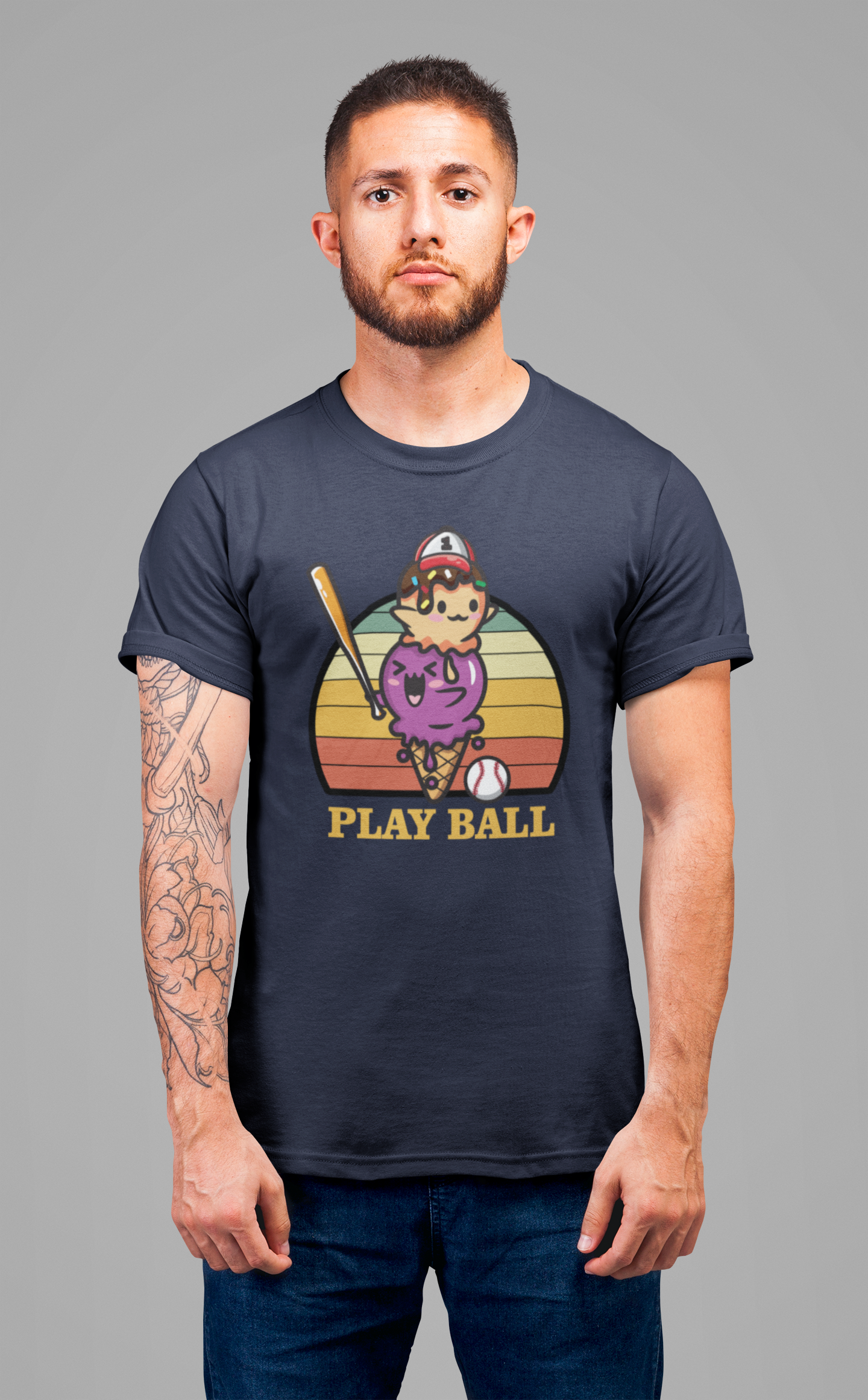 Baseball tshirt - Play Ball Drip Ice Cream Baseball Tshirt Fun Dripping Cone and Player Design