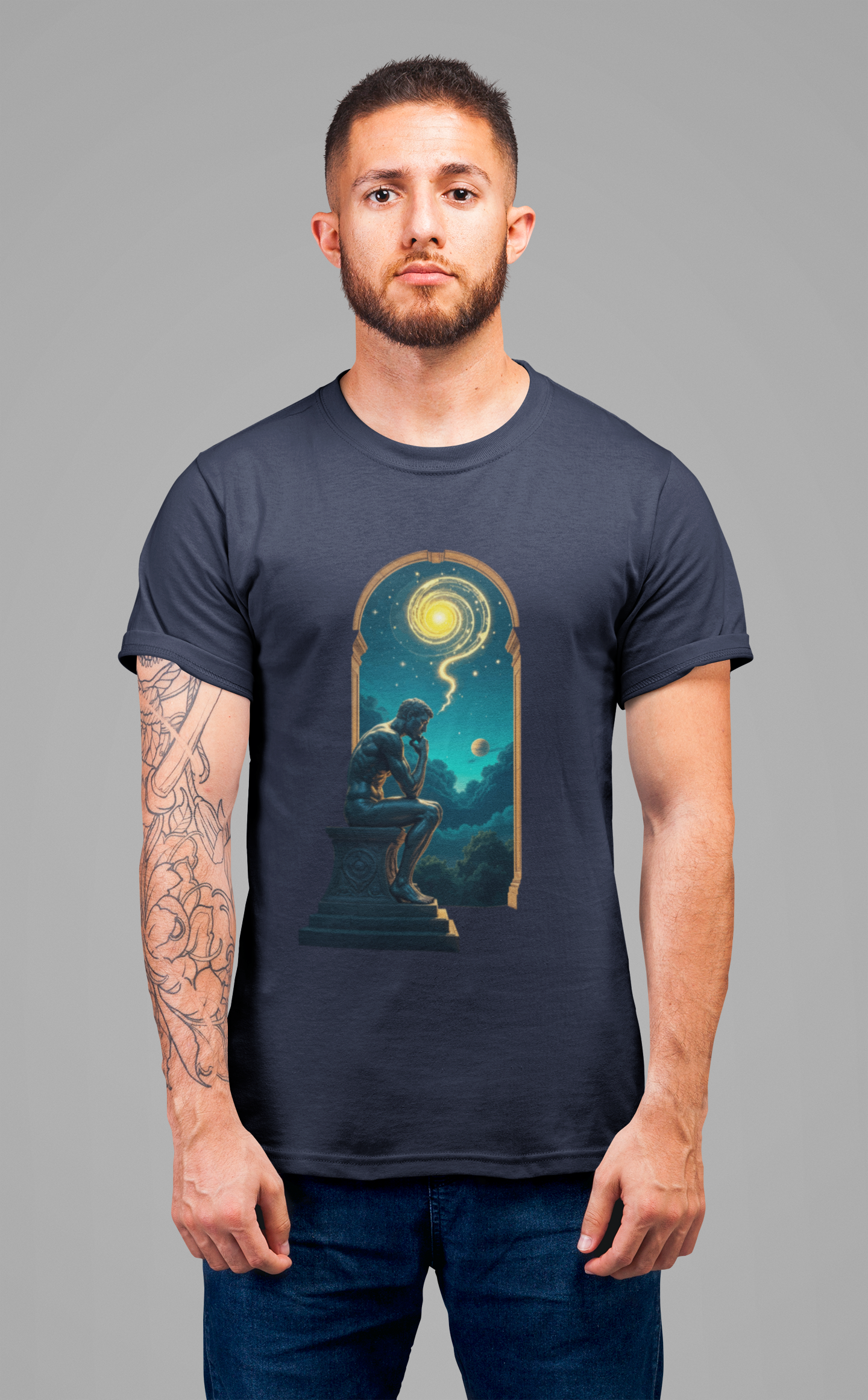 Muscular Statue Deep in Thought on Stage with Scenic Window View Graphic T-Shirt