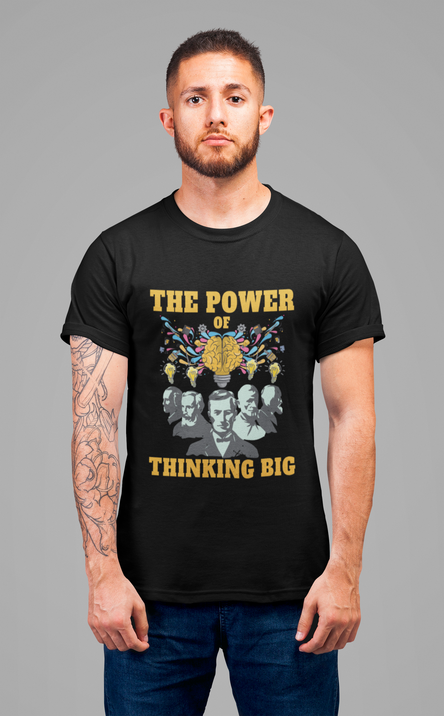 The Power of Thinking Big Tshirt – Brain with Great Scientists and Glowing Bulb Graphic
