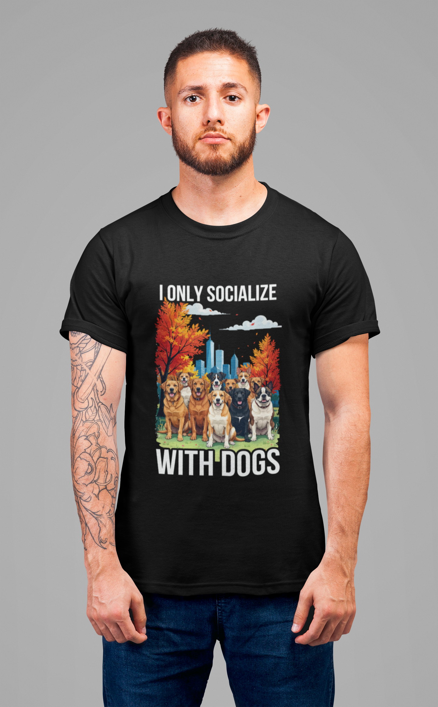 I Only Socialize with Dogs – Happy Dogs in City Park Fall Graphic T-Shirt
