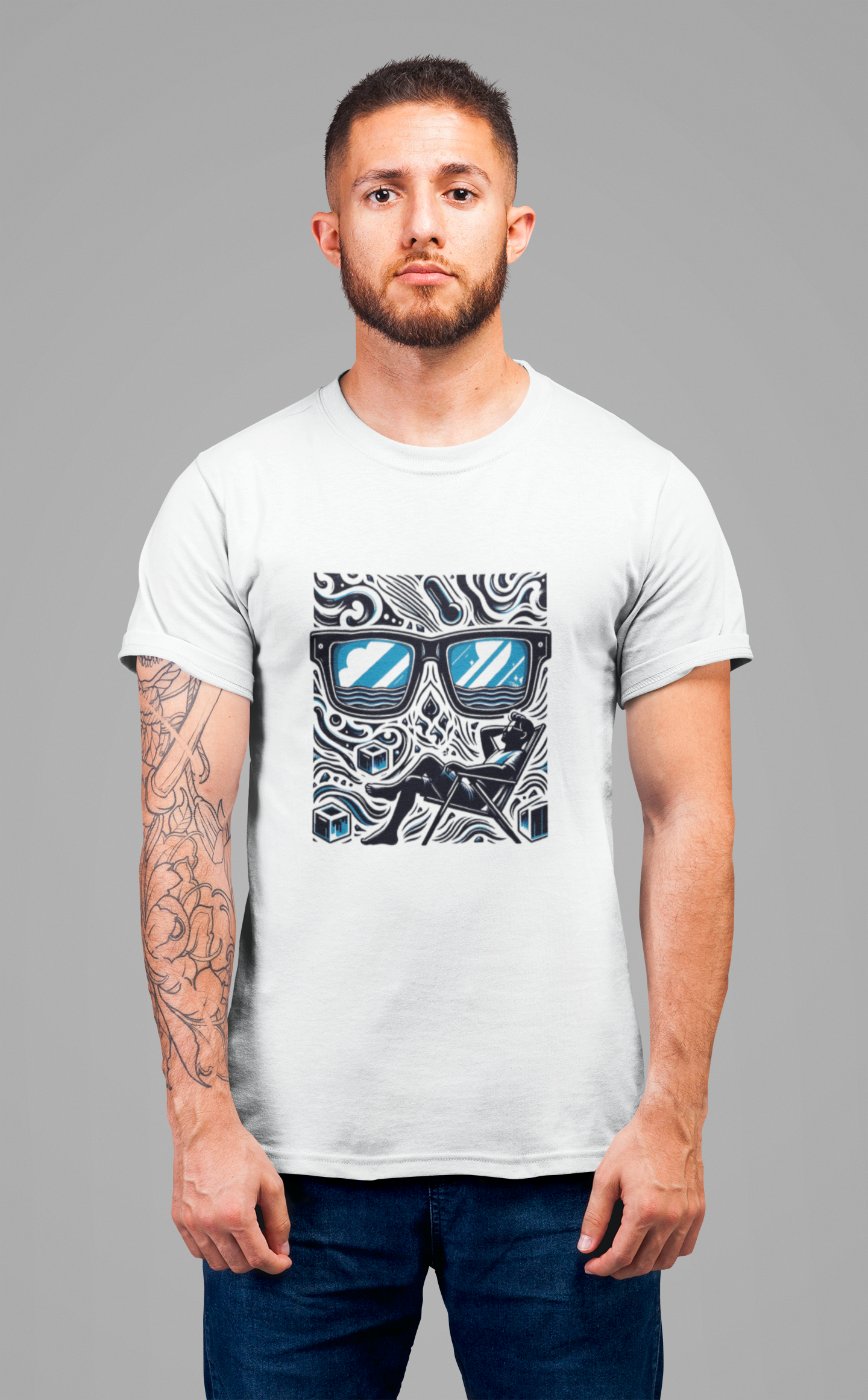 Abstract Relaxation | Man in Chair with Sunglasses Graphic T-Shirt