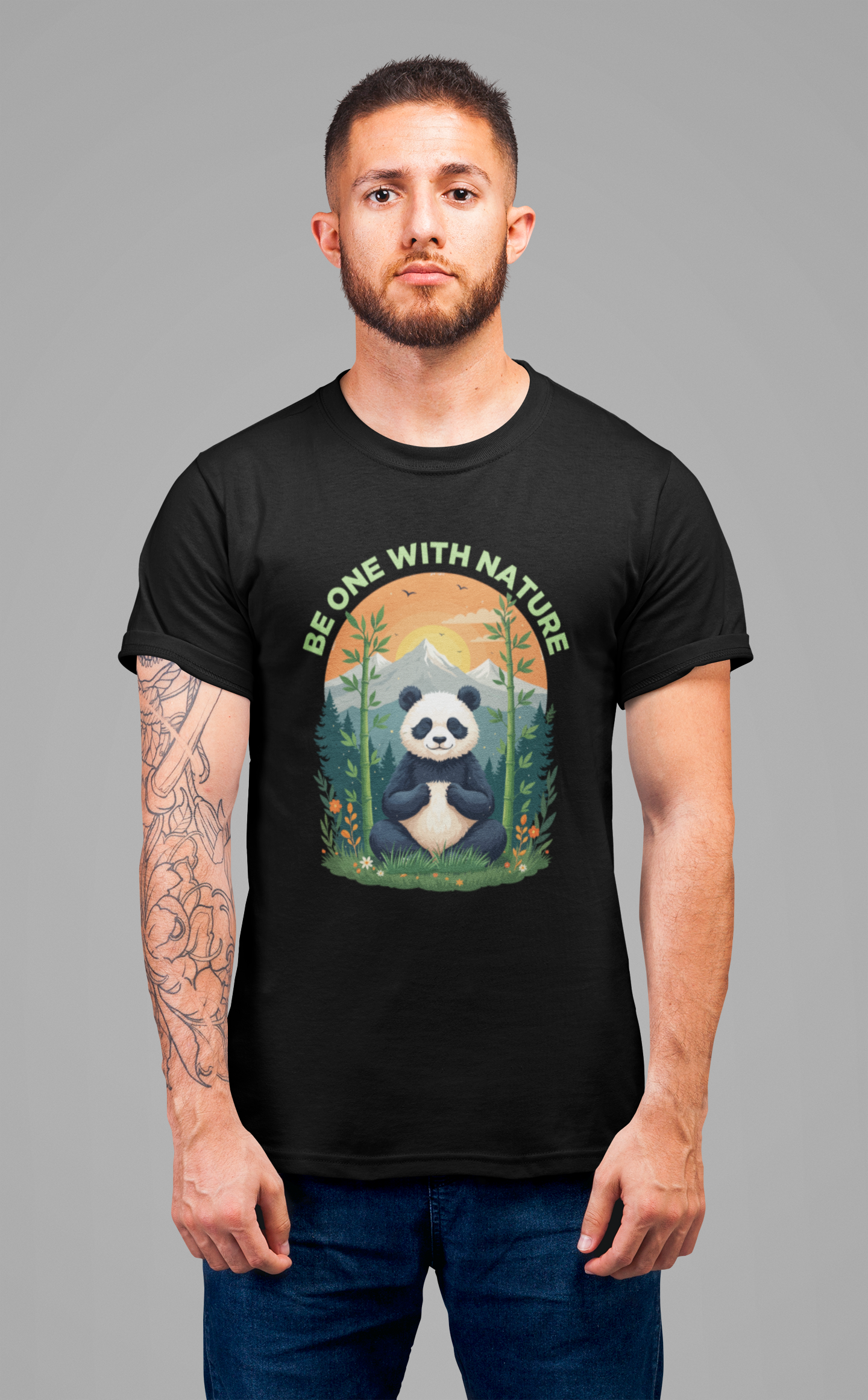 Be One with Nature – Calm Panda in Sunset Meadow Graphic T-Shirt