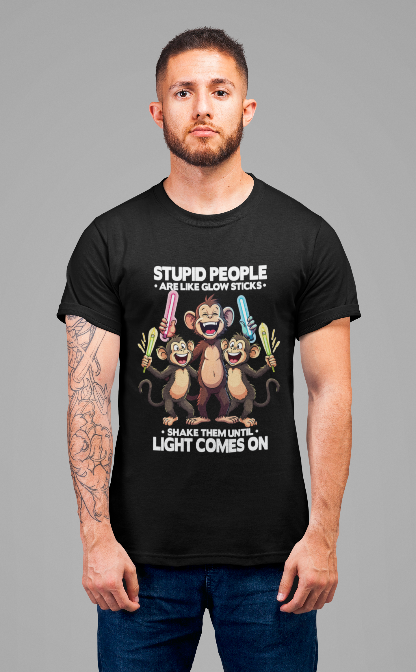Stupid People Are Like Glow Sticks Tshirt – Three Happy Monkeys Shaking Glow Sticks