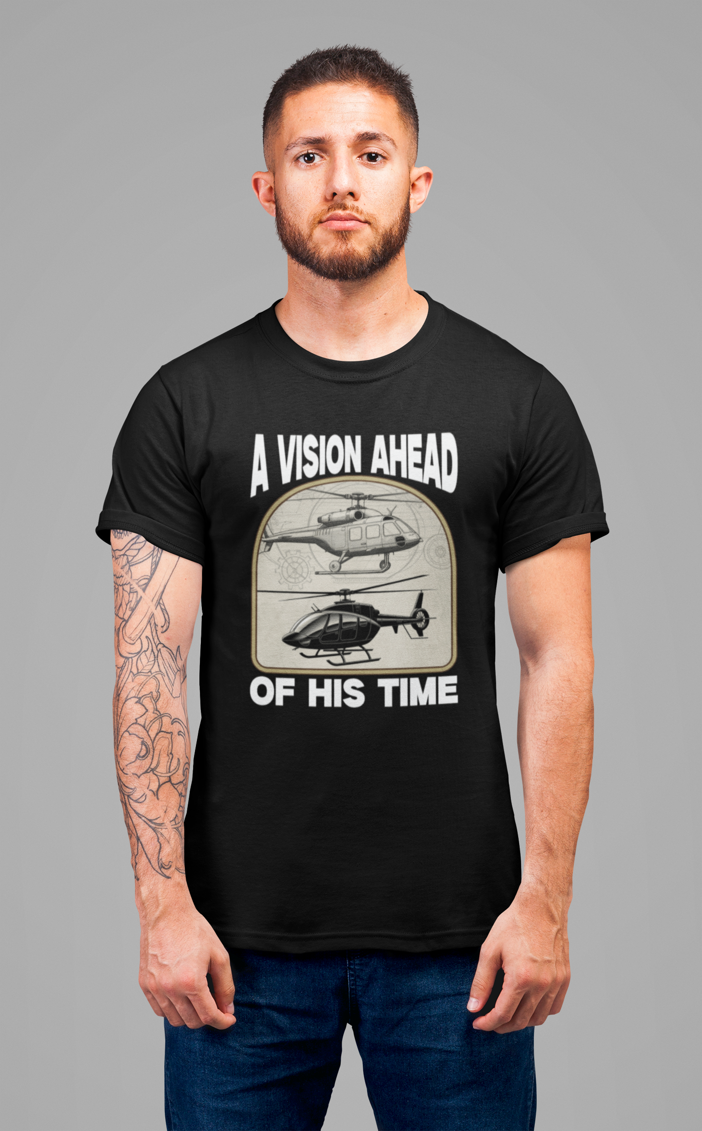 A Vision Ahead of His Time Tshirt – Da Vinci’s Helicopter and Modern Chopper Graphic