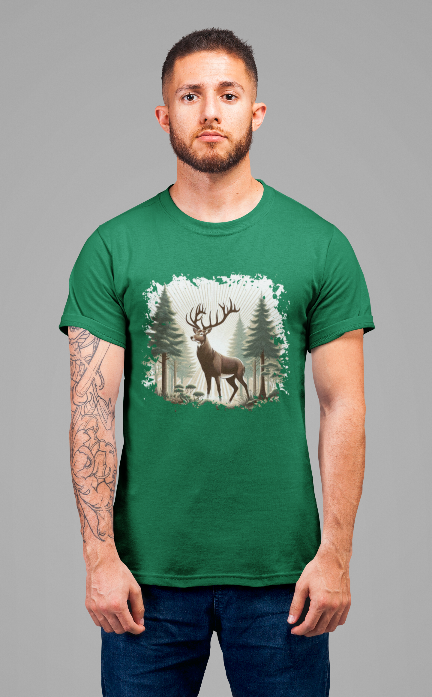 Majestic Deer with Large Antlers | Sunlight Through Foggy Forest Graphic T-Shirt