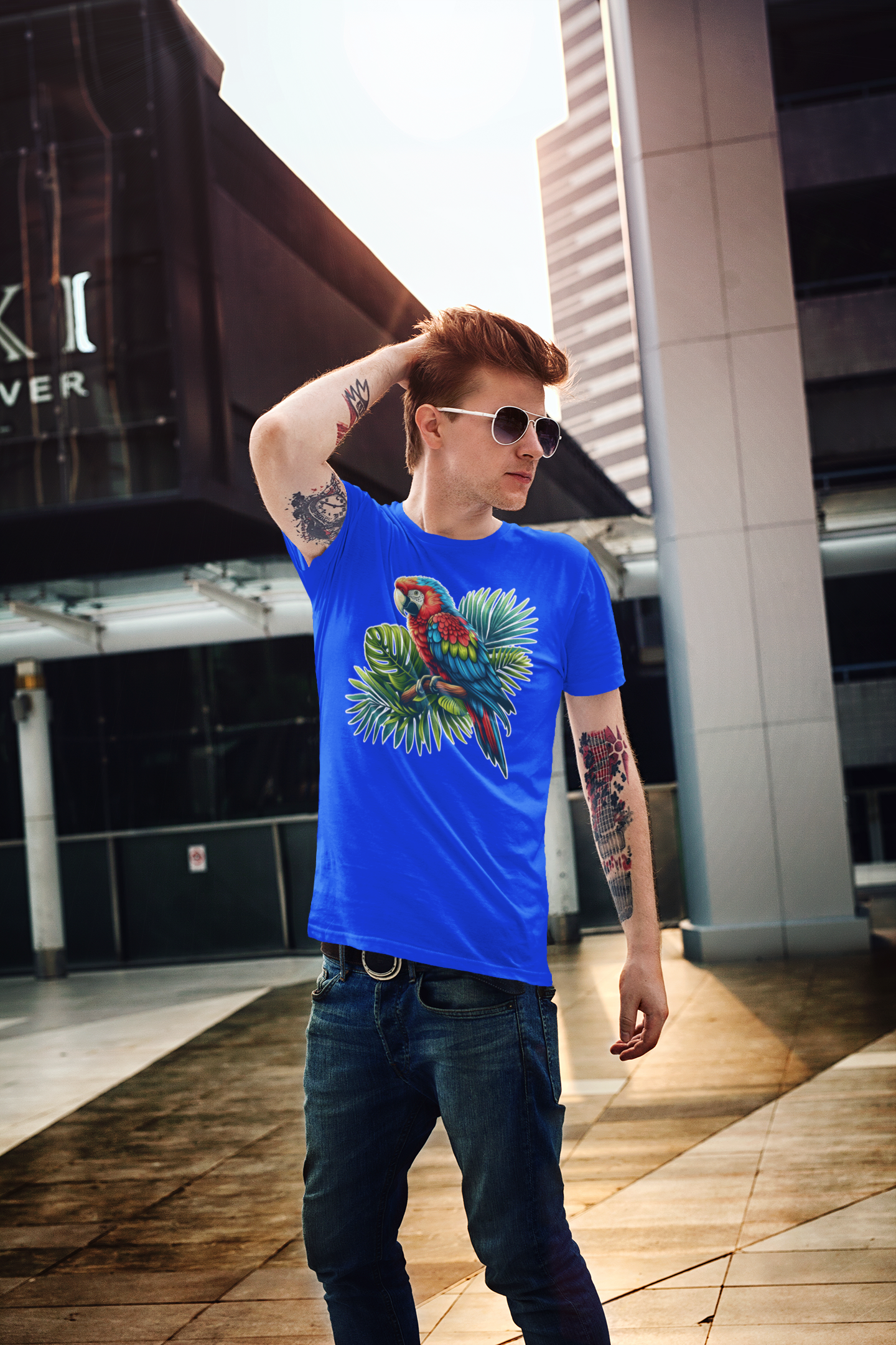 Colorful Macaw Parrot perched gracefully on Lush Green Branch Graphic T-Shirt