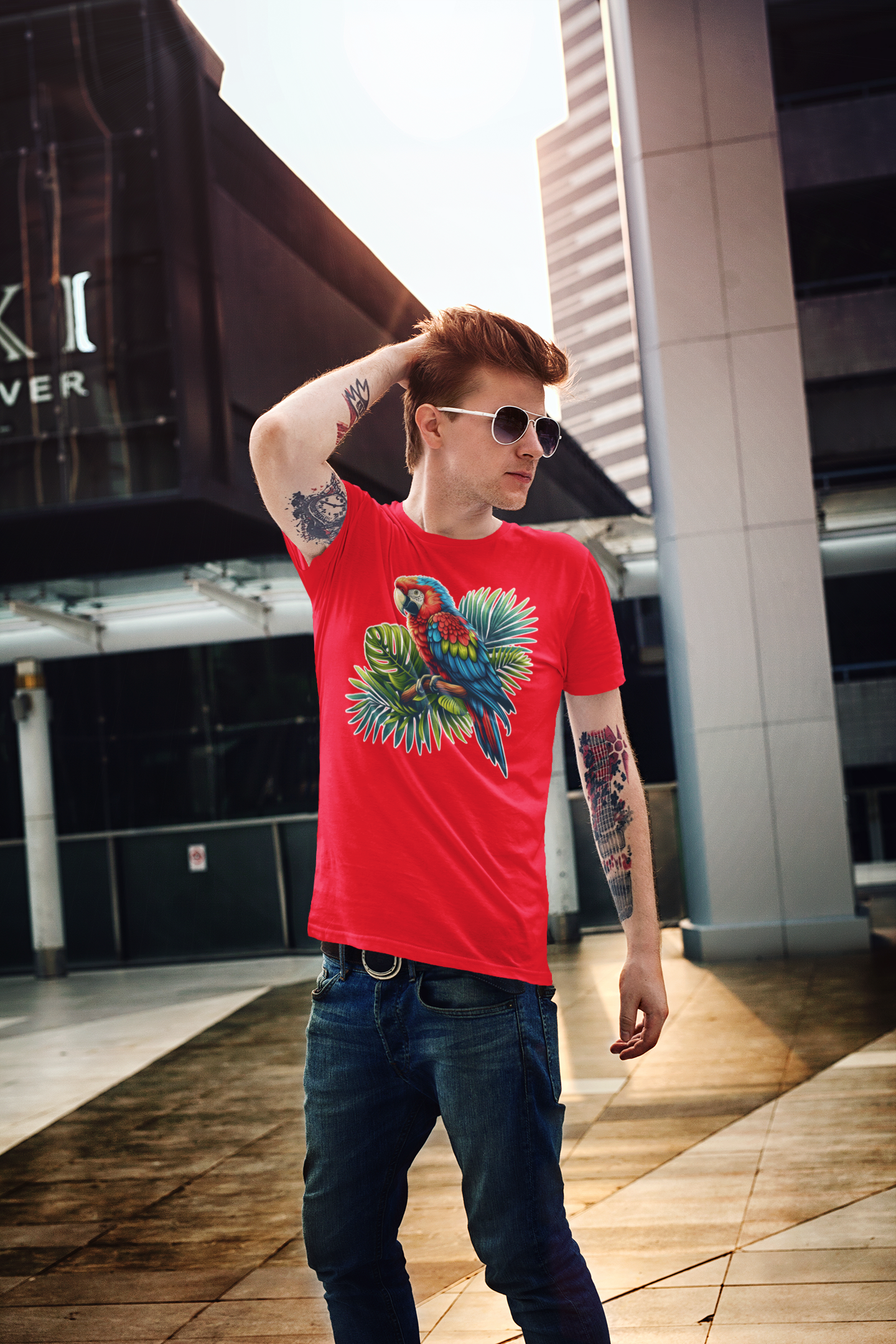 Colorful Macaw Parrot perched gracefully on Lush Green Branch Graphic T-Shirt