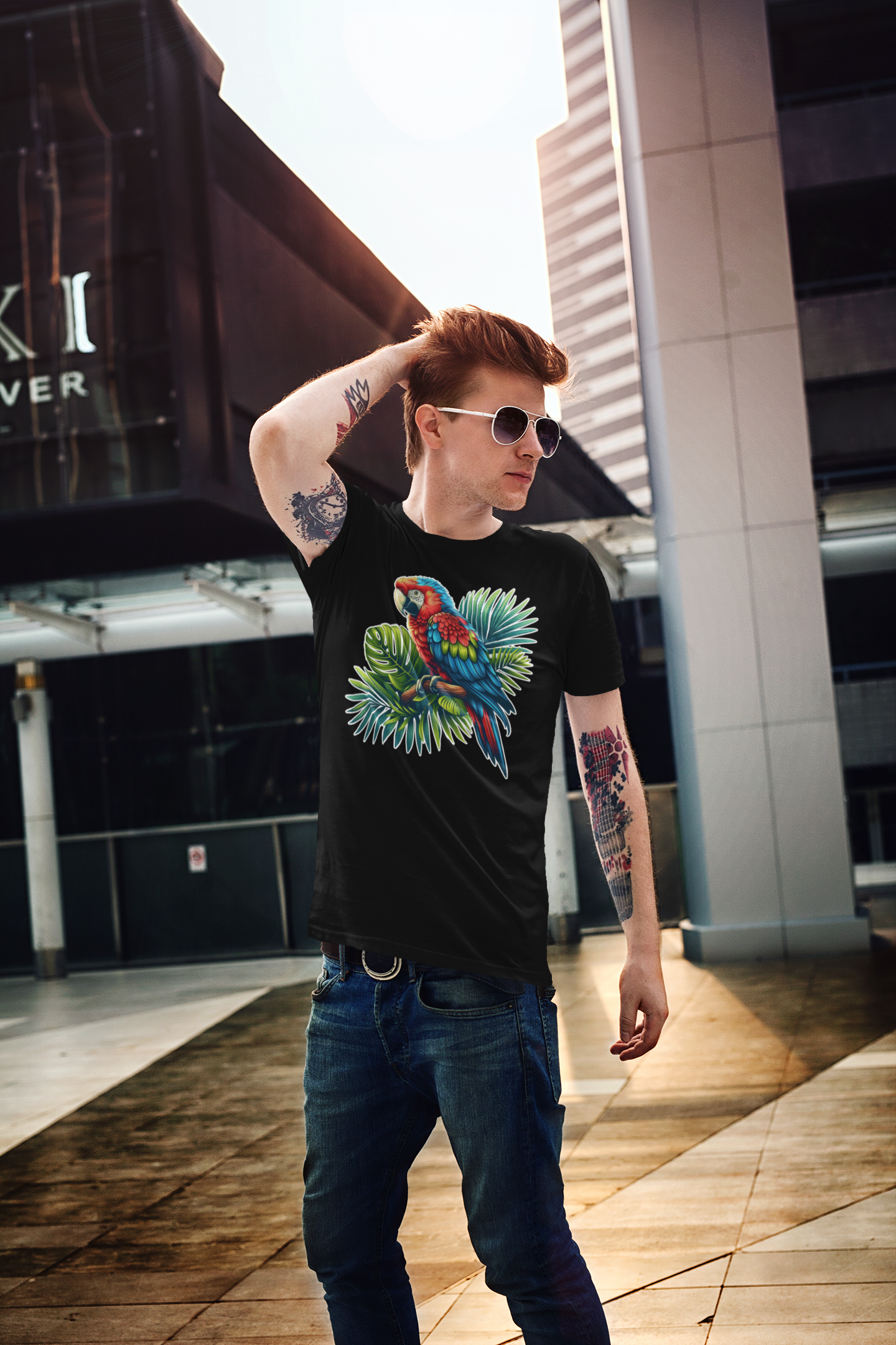 Colorful Macaw Parrot perched gracefully on Lush Green Branch Graphic T-Shirt