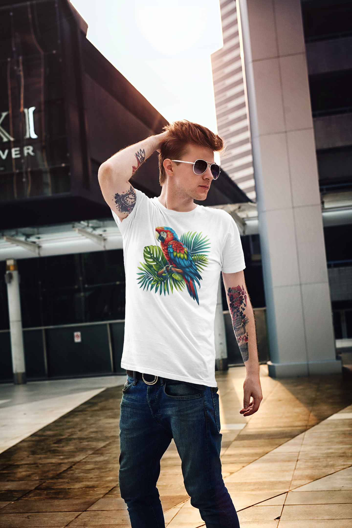 Colorful Macaw Parrot perched gracefully on Lush Green Branch Graphic T-Shirt
