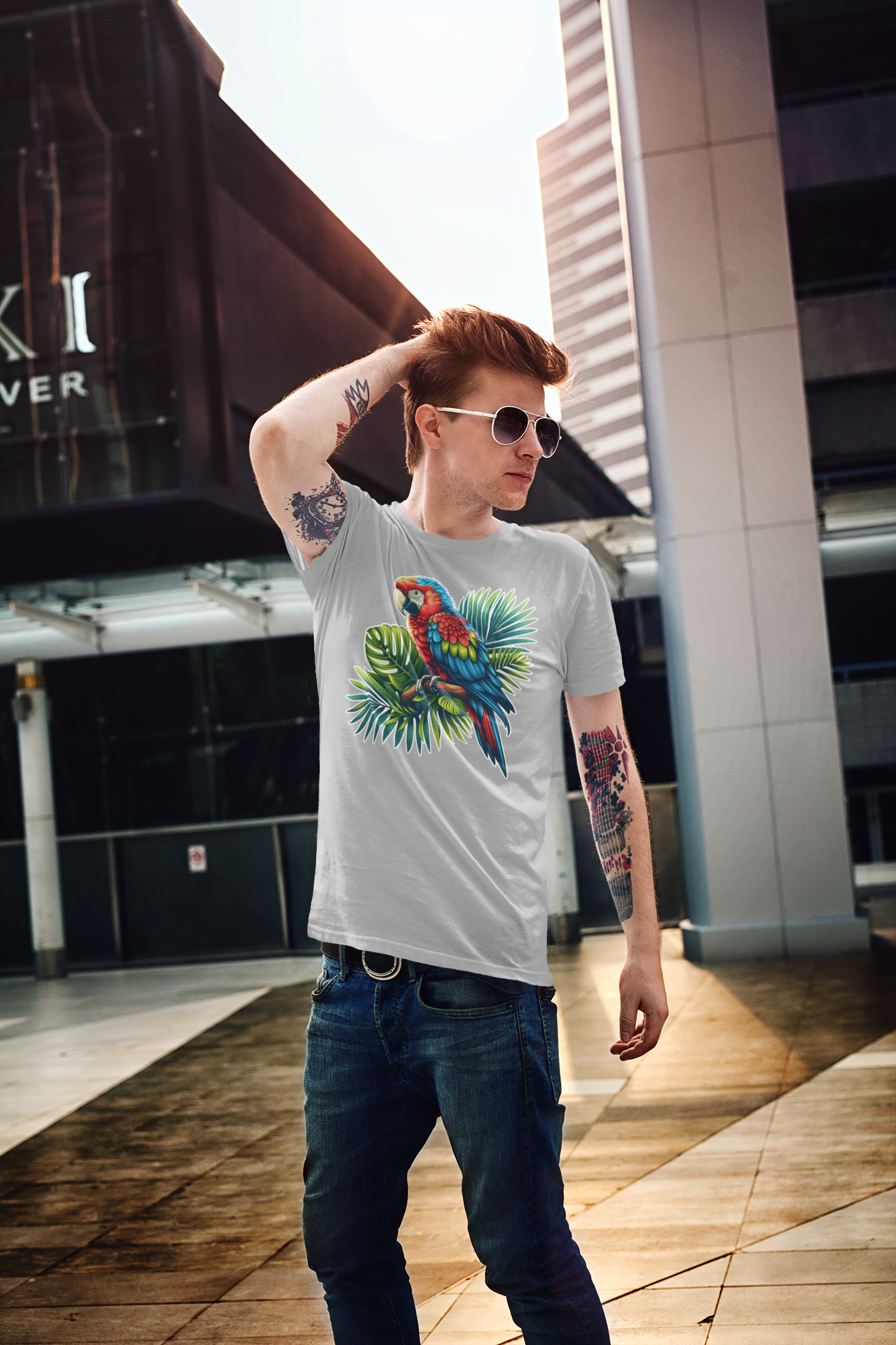 Colorful Macaw Parrot perched gracefully on Lush Green Branch Graphic T-Shirt