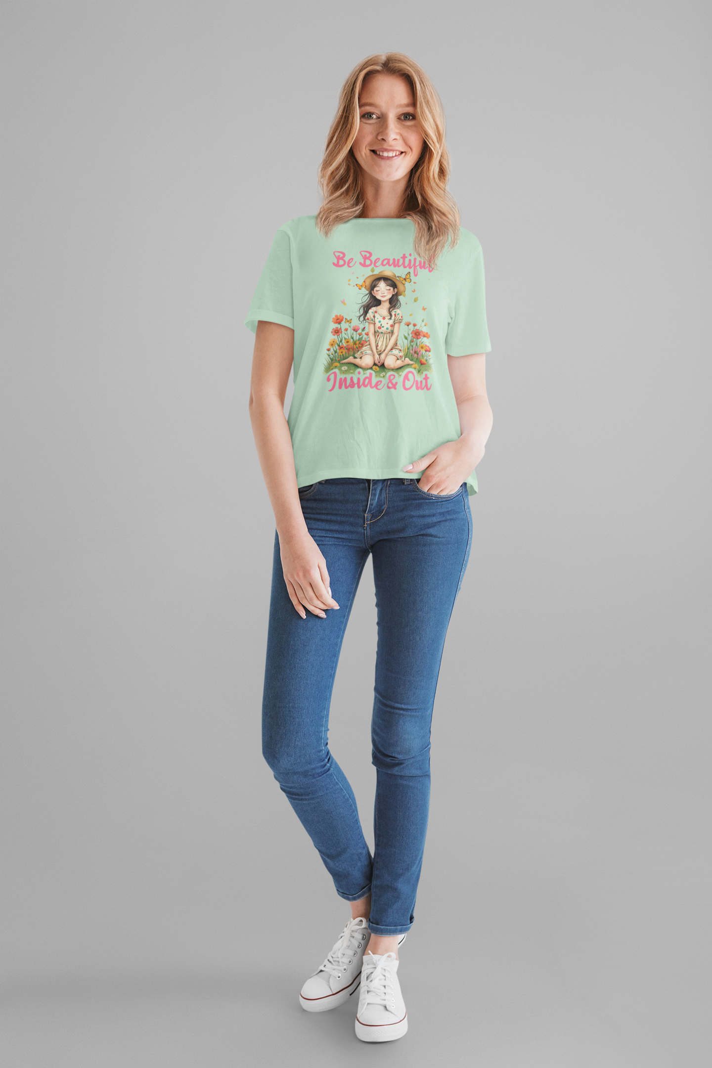 Be Beautiful Inside and Out – Girl Sitting with hat Surrounded by Flowers Graphic T-Shirt