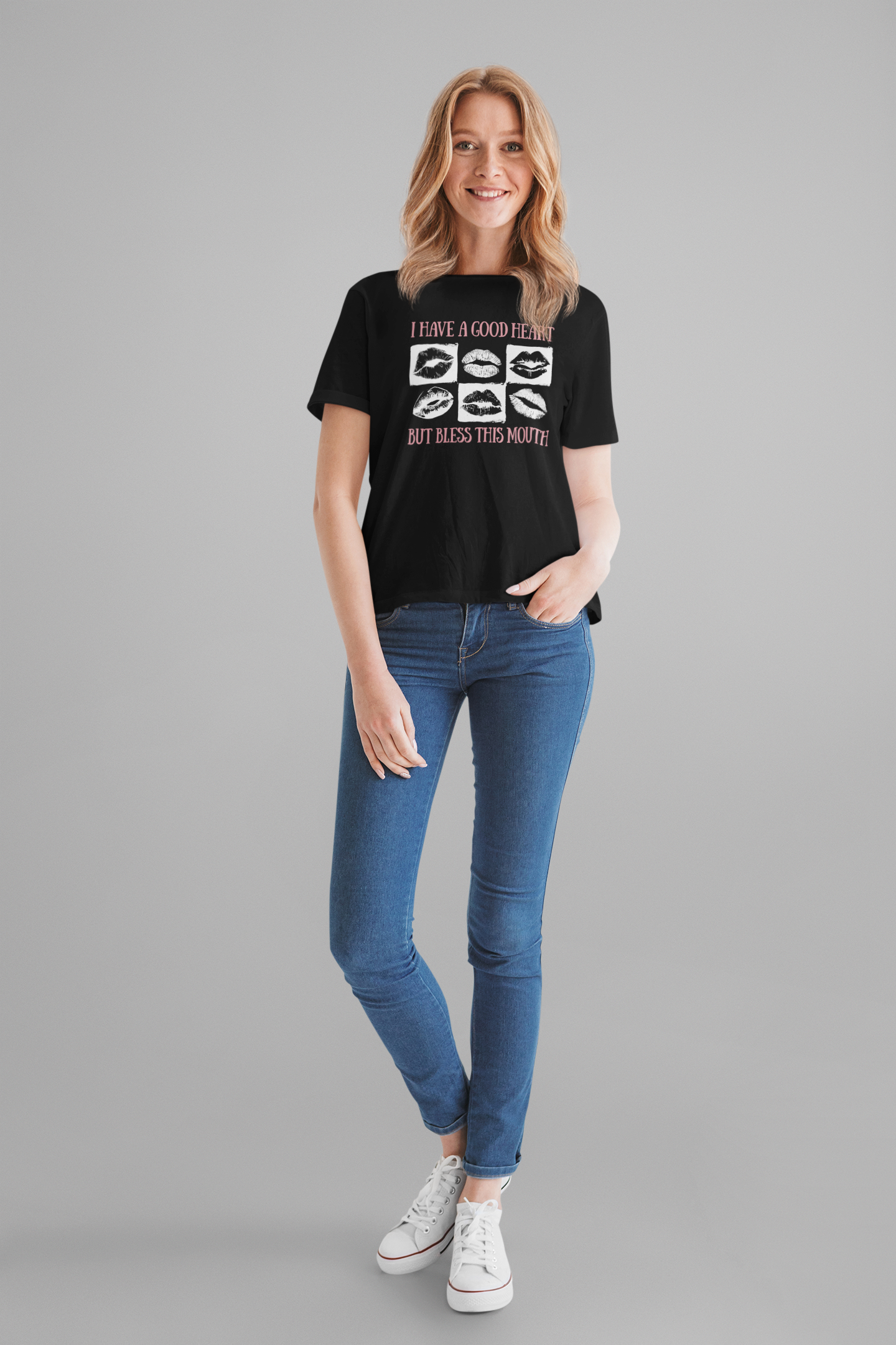 I Have a Good Heart But Bless This Mouth T Shirt – Six Black & White Lip Print