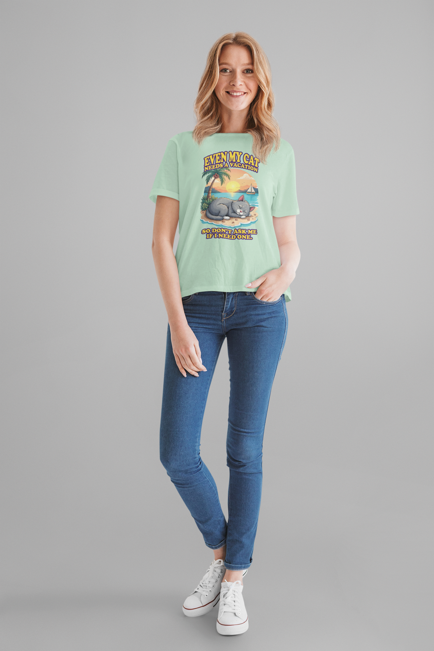Even My Cat Needs a Vacation T-Shirt – Funny Cat Beach Graphic Tee