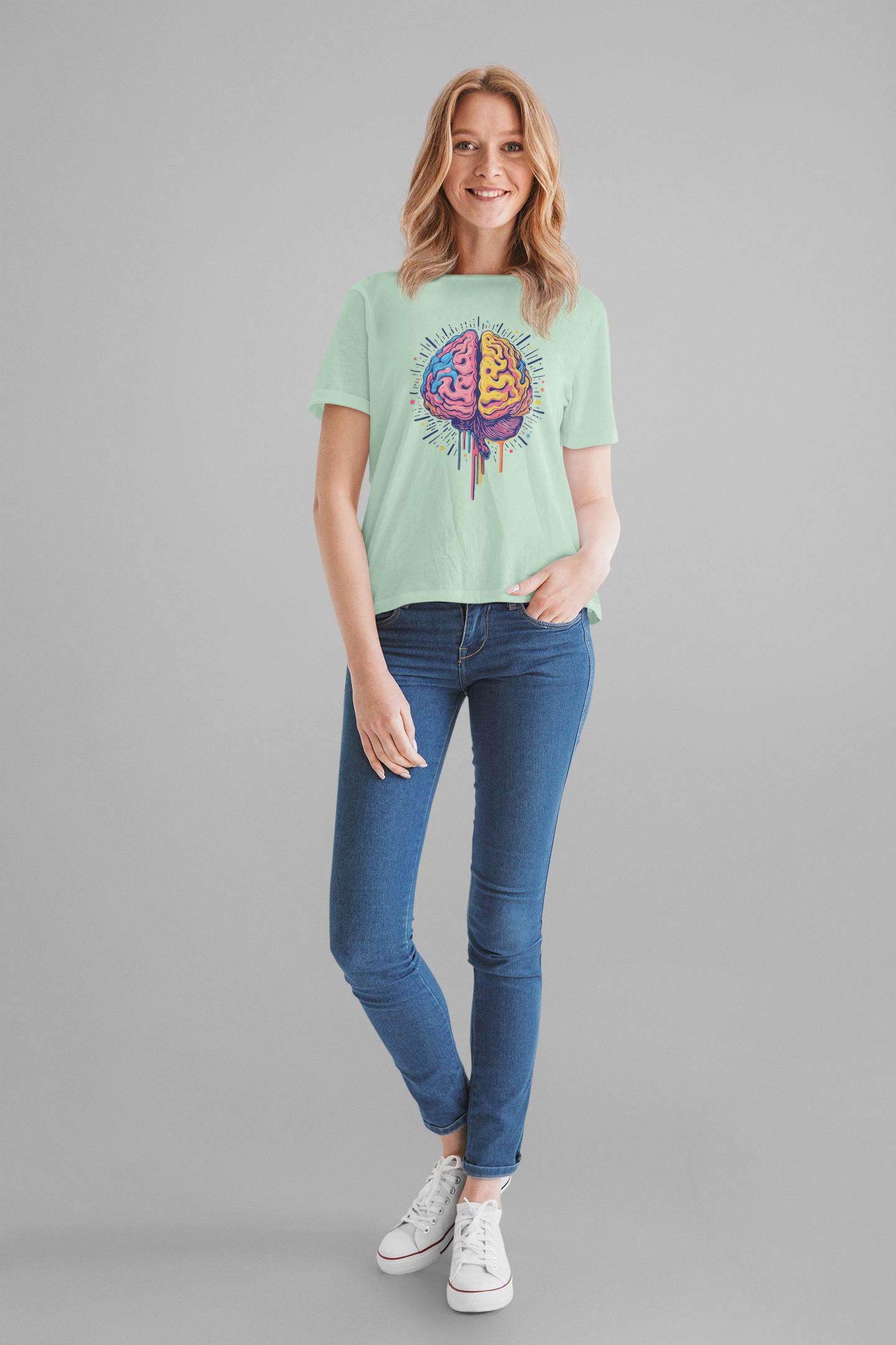 Colorful Vibrant Brain with Dripping Paint and Radiant Energy Lines Graphic T-Shirt