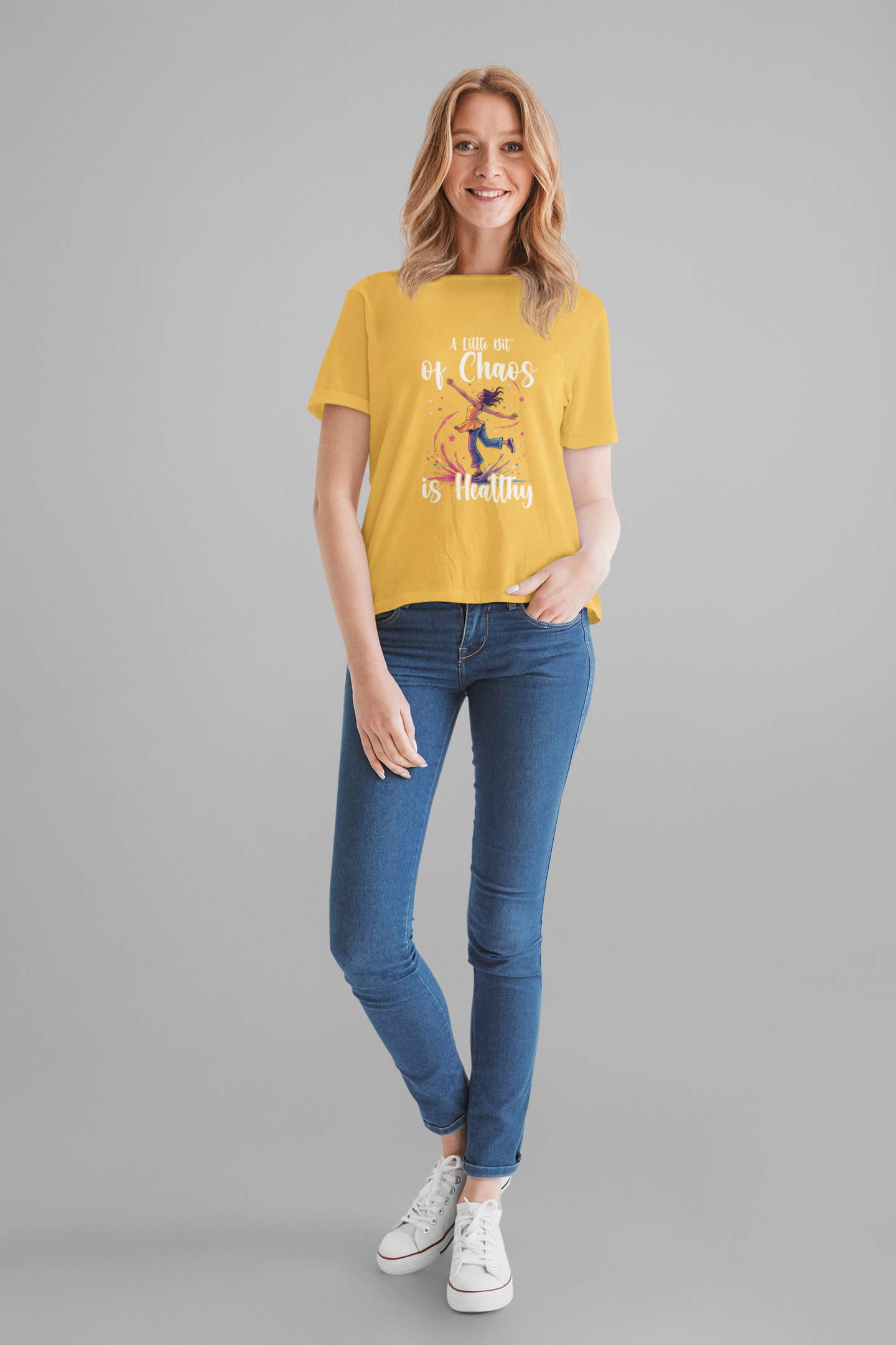 A Little Bit of Chaos Is Healthy – Girl Balancing on Colorful Splash with Stars Graphic T-Shirt