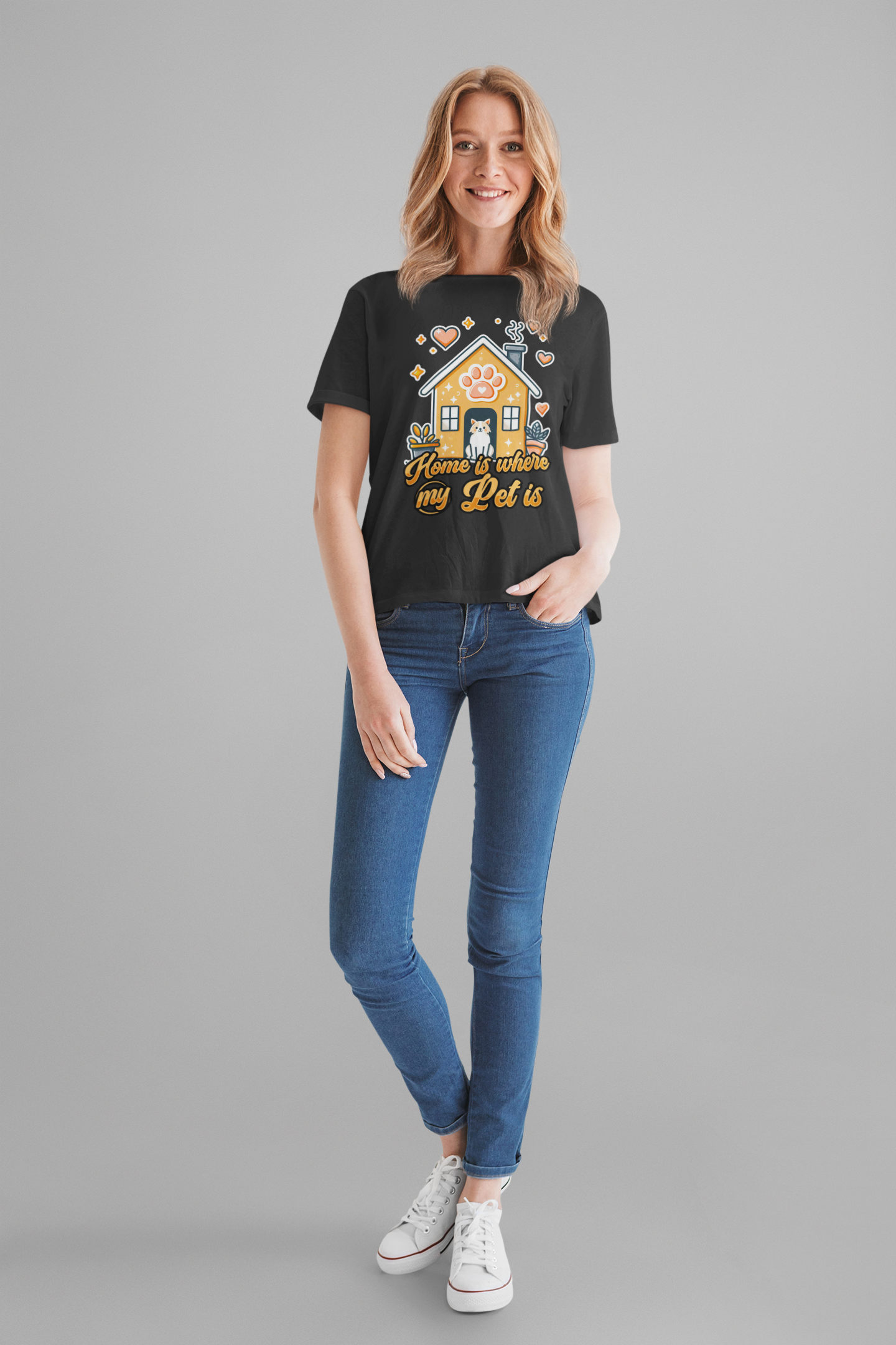 Home is Where My Pet Is | Dog at Dog House with Stars & Hearts T-Shirt