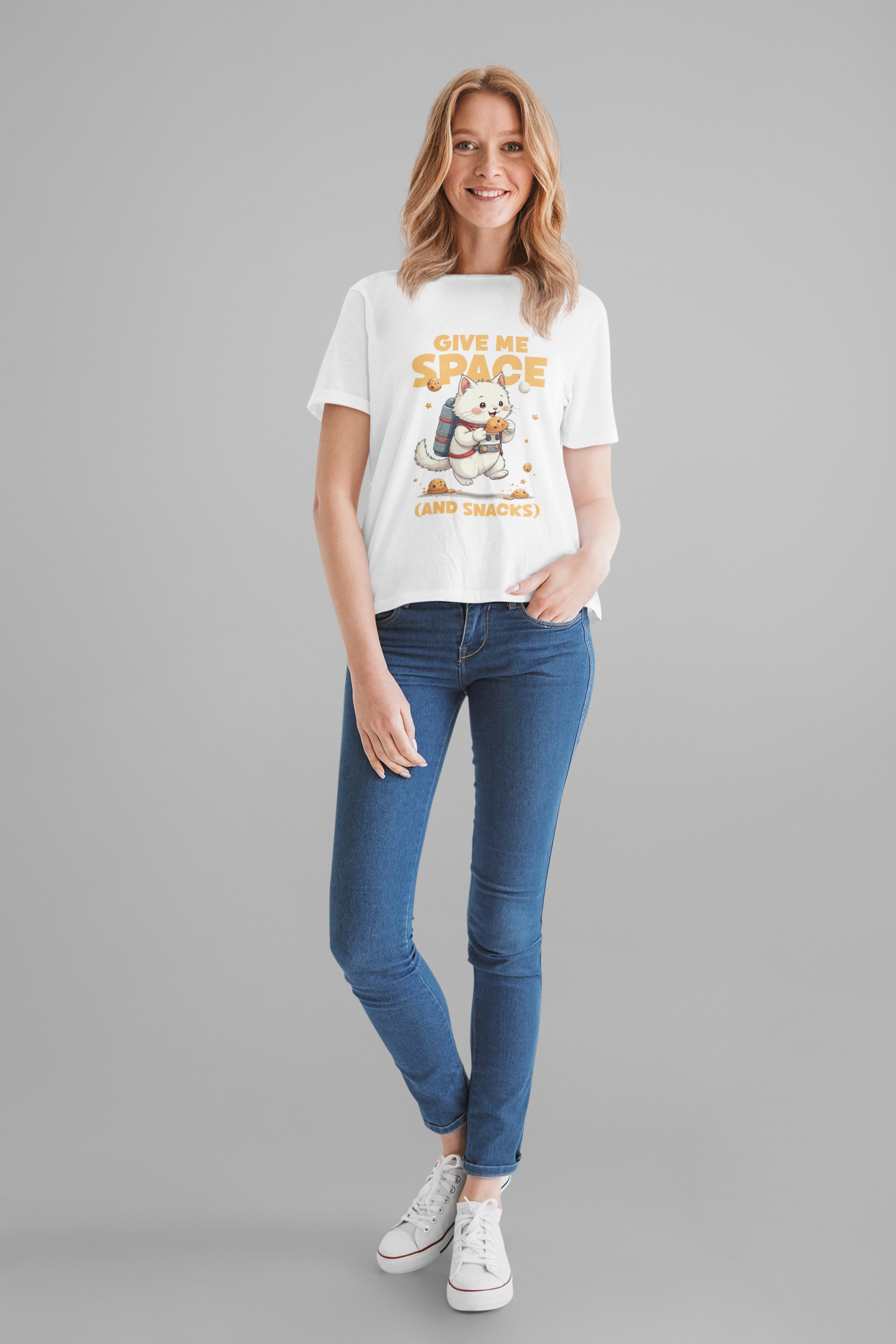 Give Me Space (and Snacks) – Jetpack Cat Walking with Snacks Funny Graphic T-Shirt