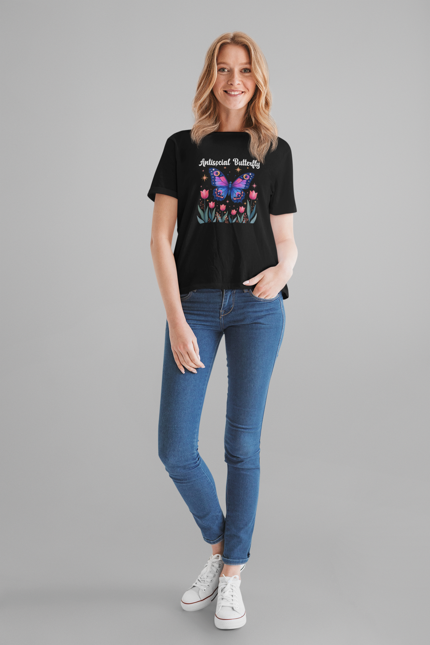 Antisocial Butterfly – Large Butterfly Above Flower Plants Graphic T-Shirt