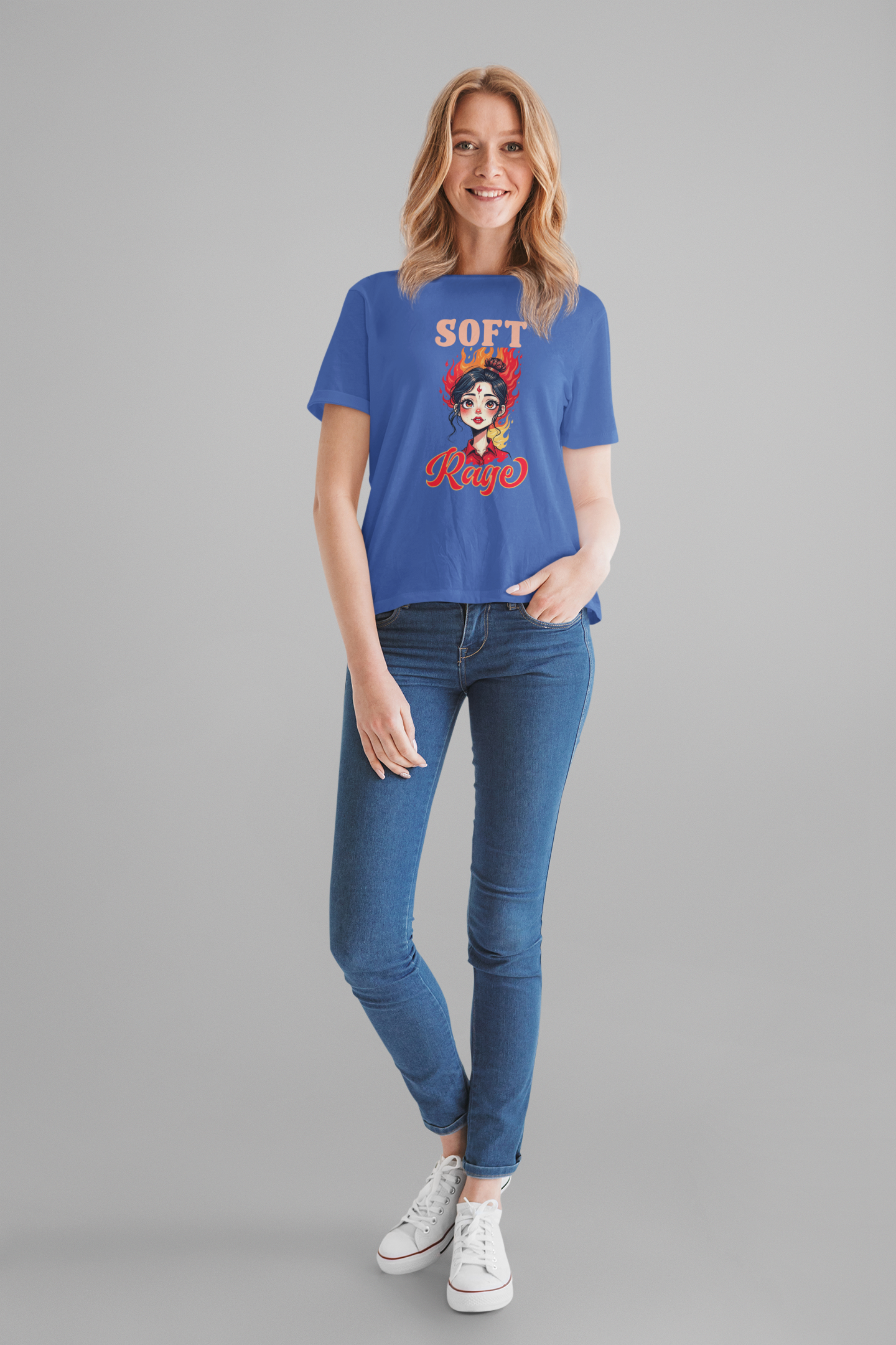 Soft Rage – Emotional Woman with Fiery Background Graphic T-Shirt