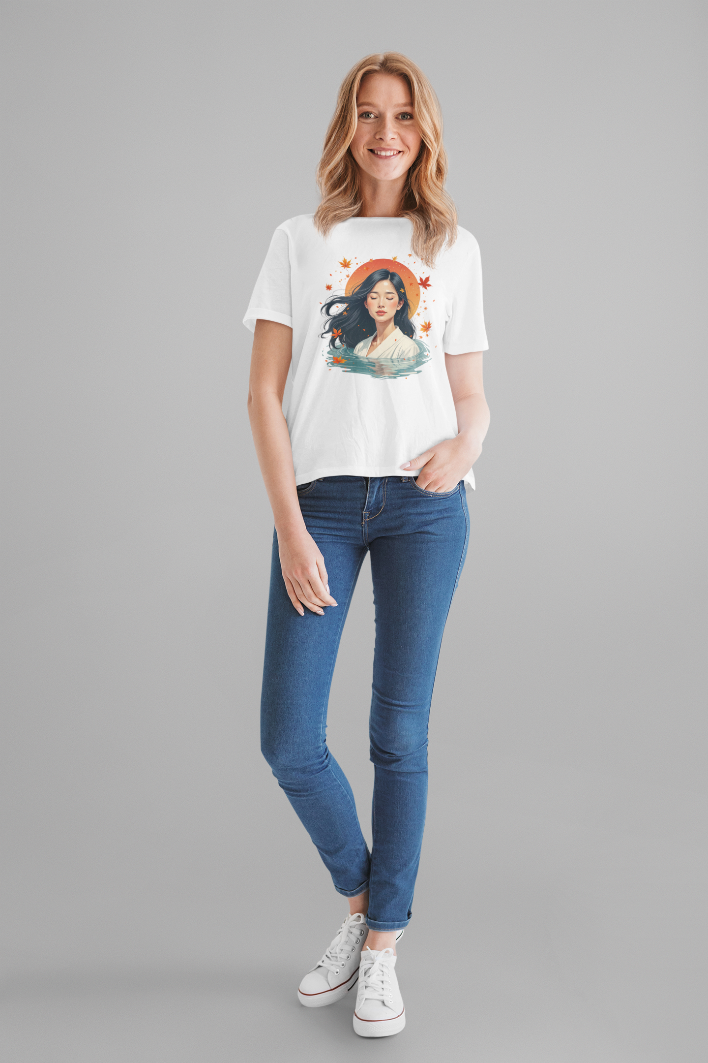 Serene Woman in White Dress Chest-Deep in Water with Sunset and Falling Leaves Graphic T-Shirt