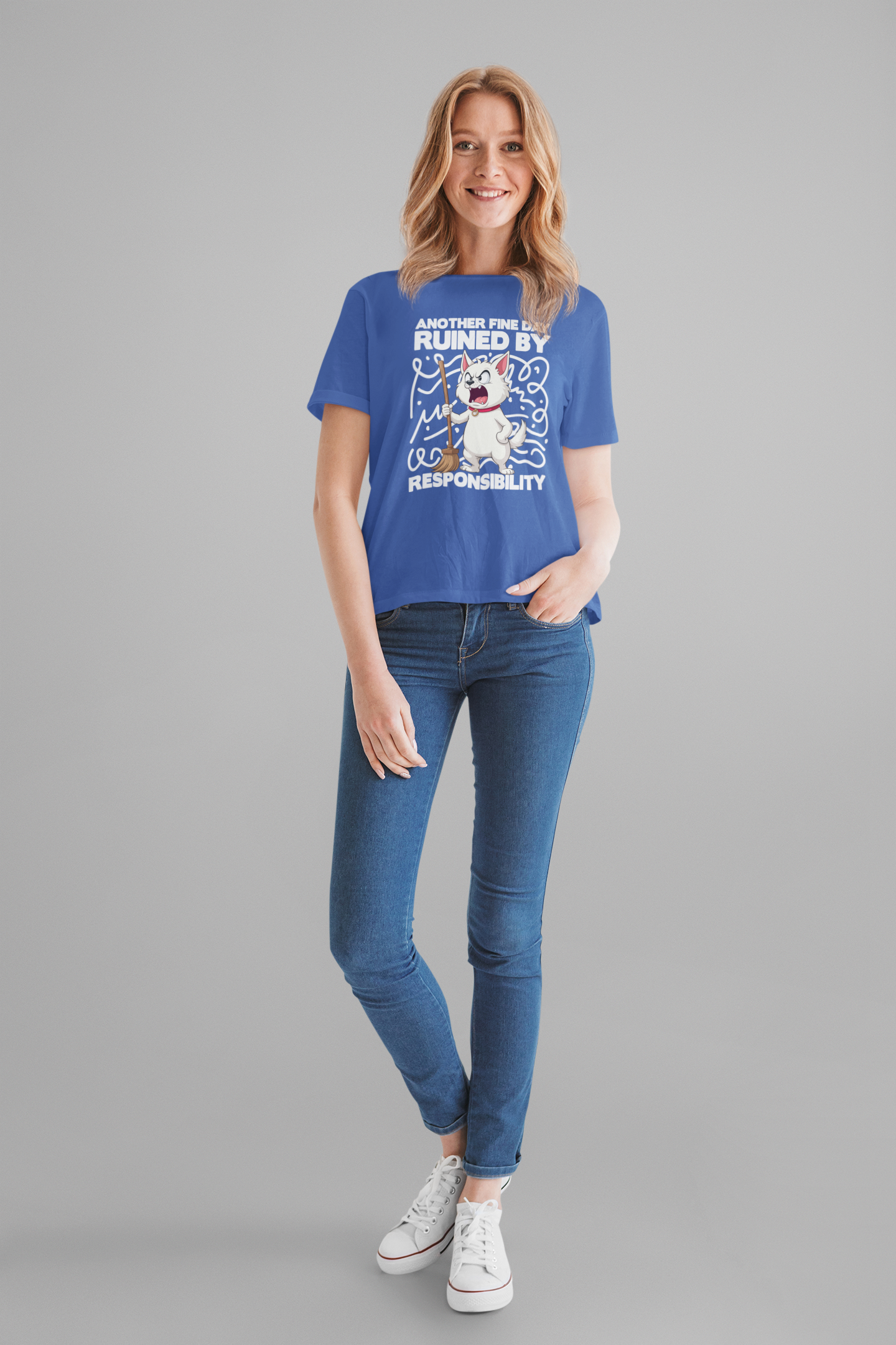Another Fine Day Ruined By Responsibility T-Shirt – Angry Cat with Broom Graphic Tee