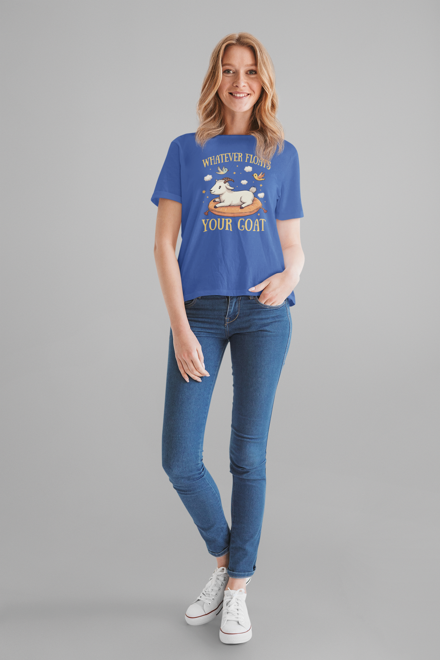 Whatever Floats Your Goat T Shirt – Happy Floating Goat with Clouds and Birds