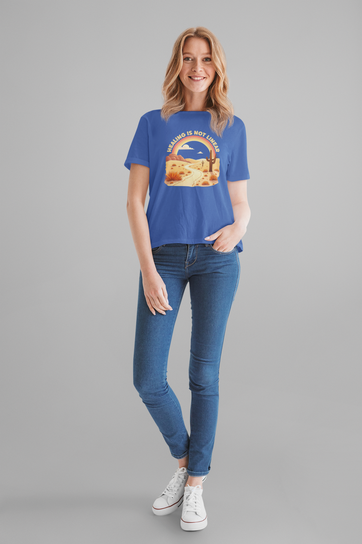 Healing Is Not Linear – Warm Desert Rainbow & Winding Road Graphic T-Shirt