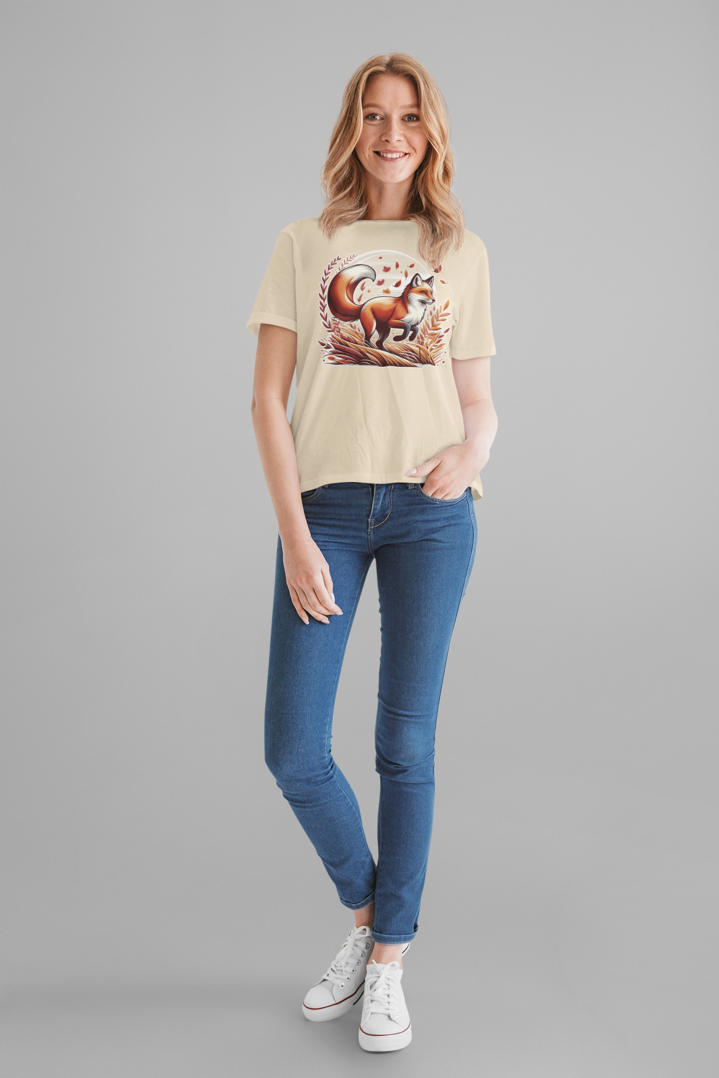 Grace and Agility - Elegant Fox Leaping in Grain Field with Flying Leaves Graphic T-Shirt