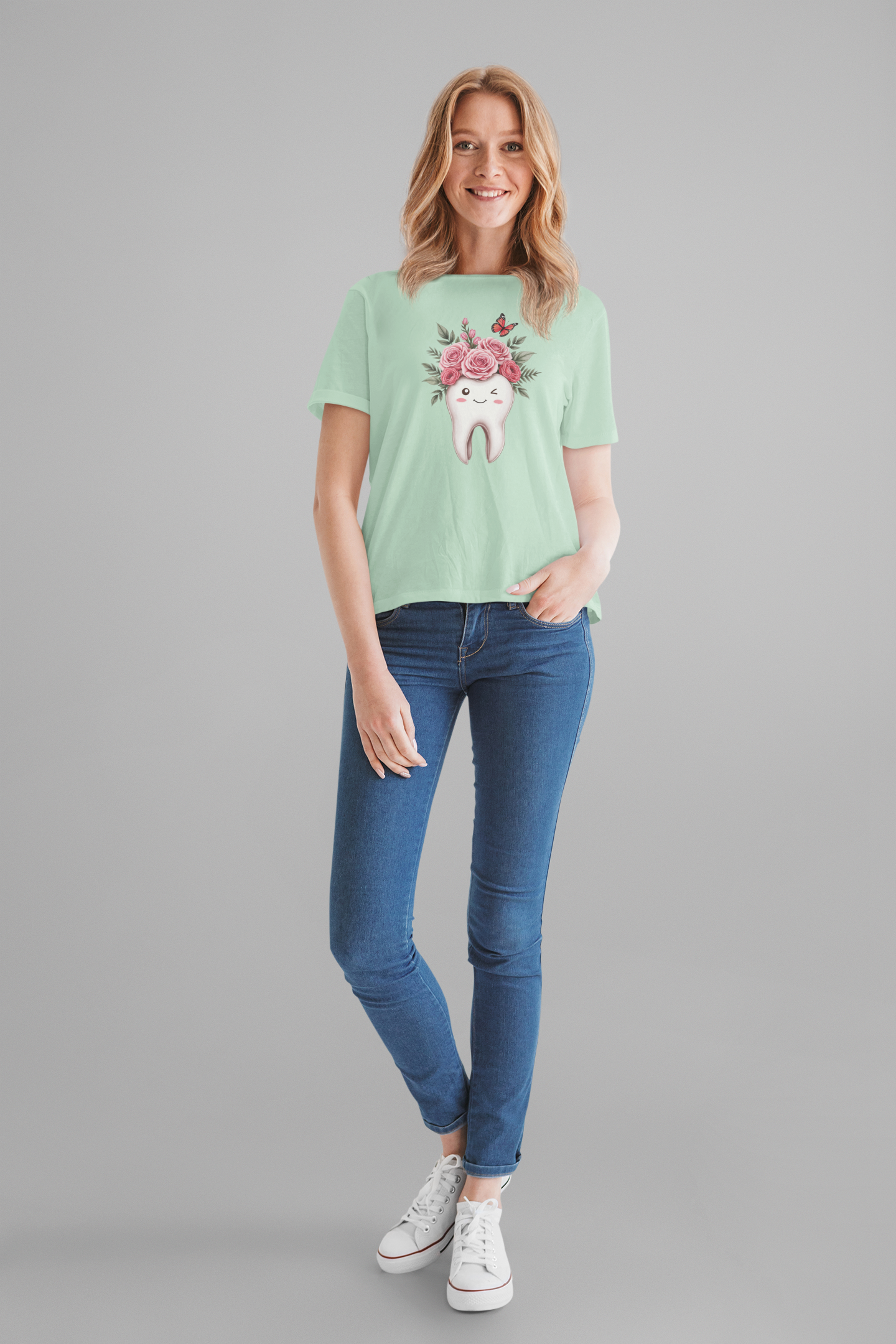 Smile T Shirt with Large Winking Tooth Surrounded by Flowers Leaves and Butterflies