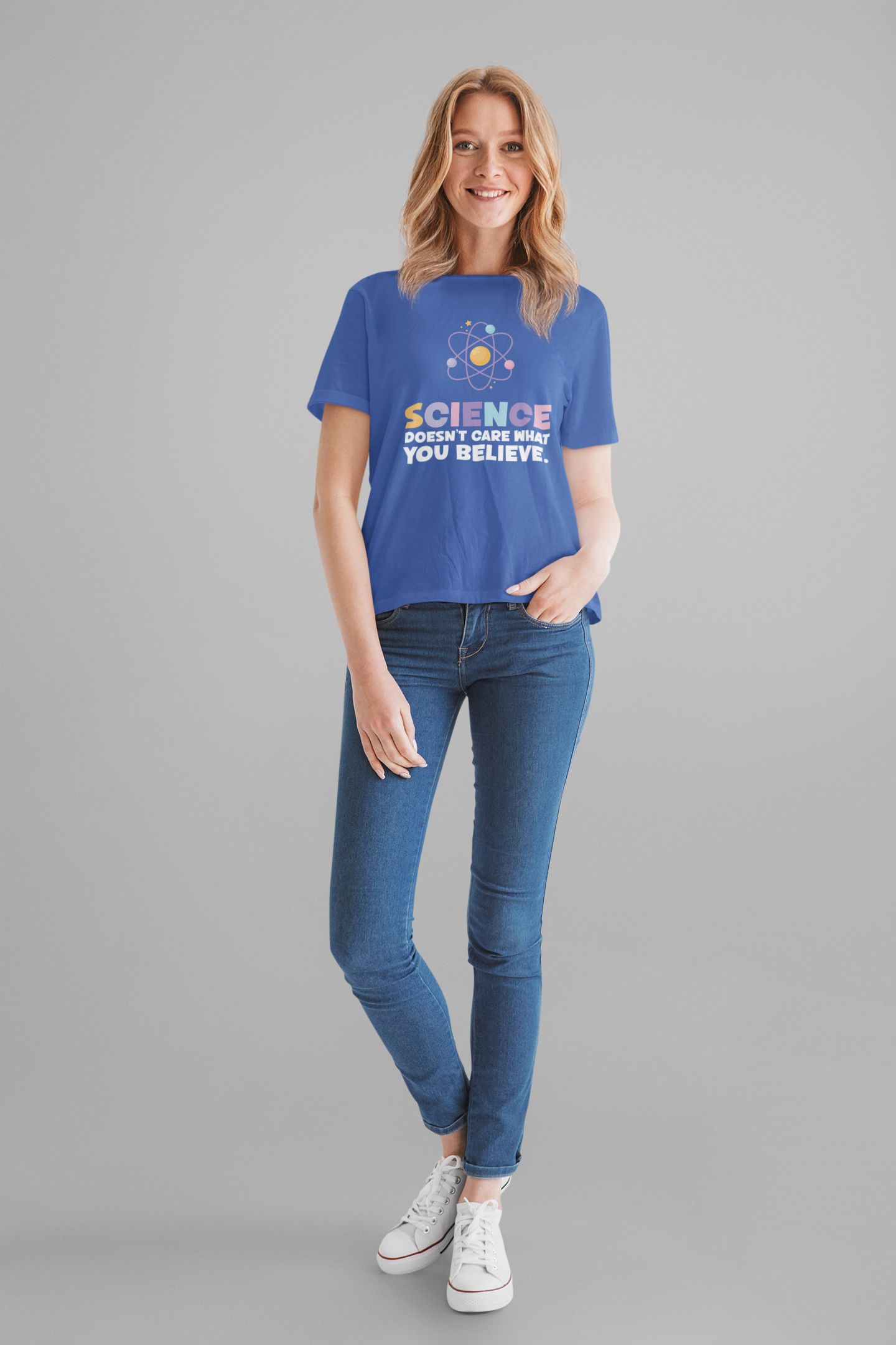 Science Doesn’t Care What You Believe T-Shirt – Atom Graphic STEM Statement Tee